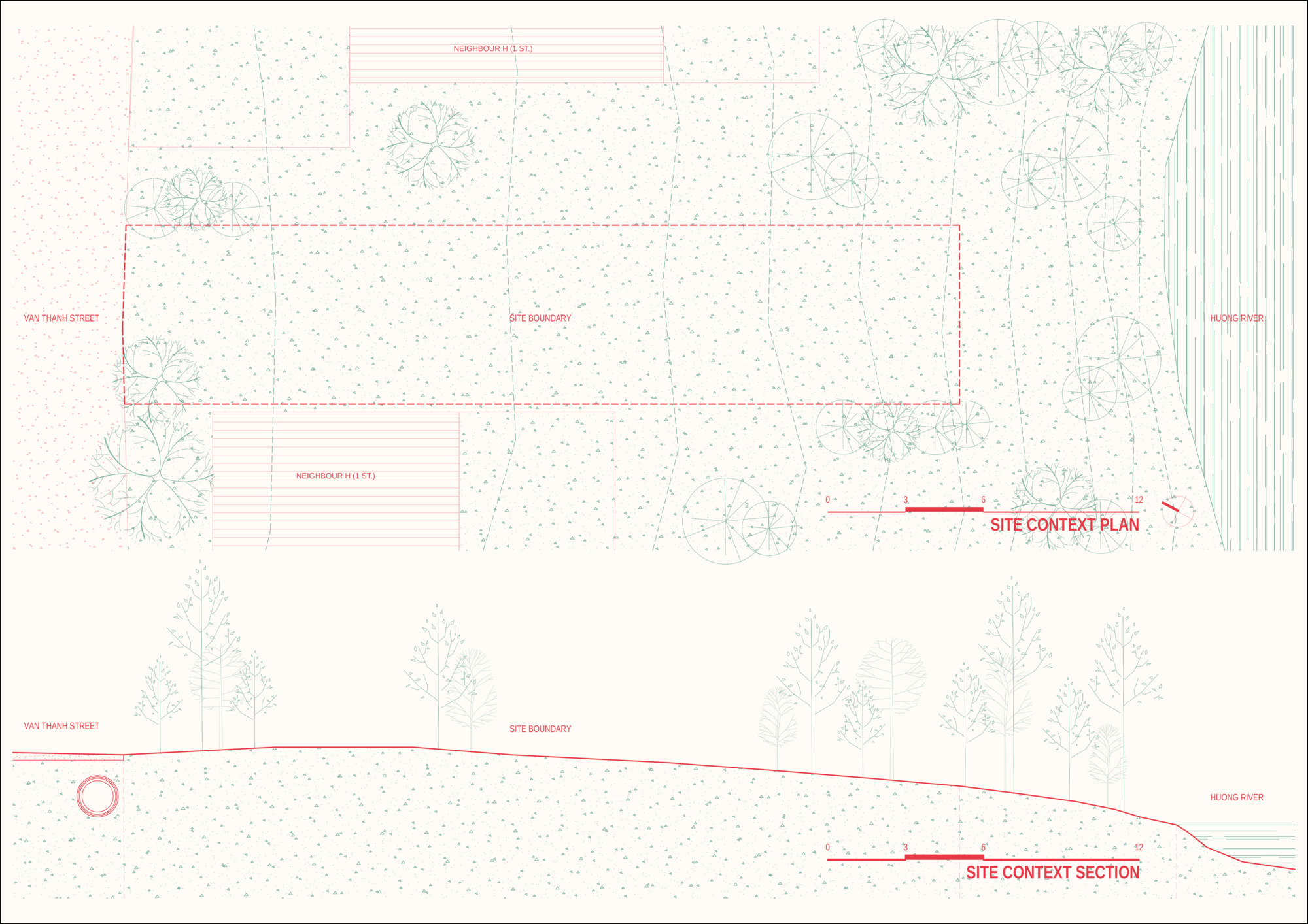 Site context plan and section drawing illustrating the building position relative to street and river