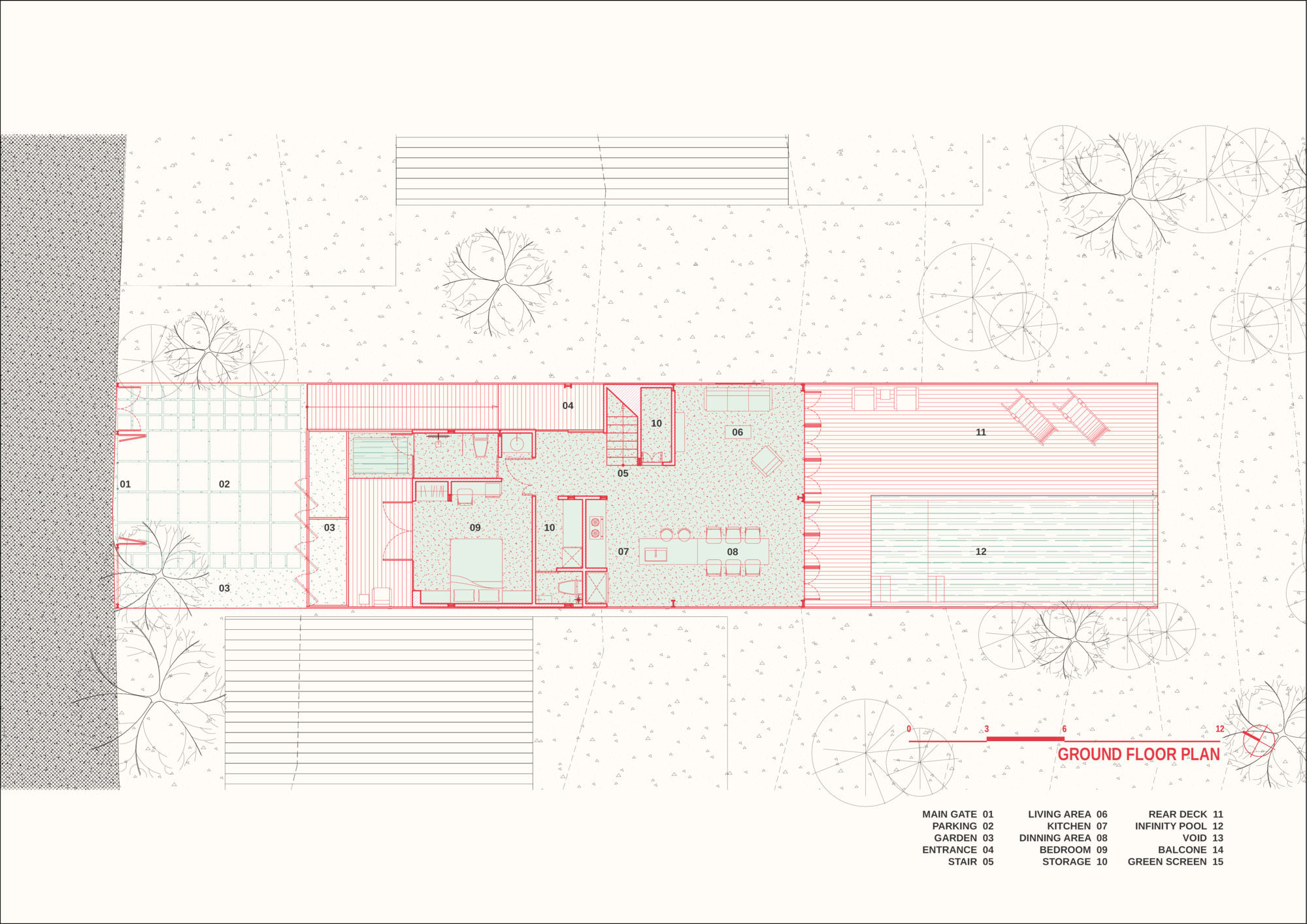 Ground floor plan showing the central courtyard with surrounding rooms and exterior decks