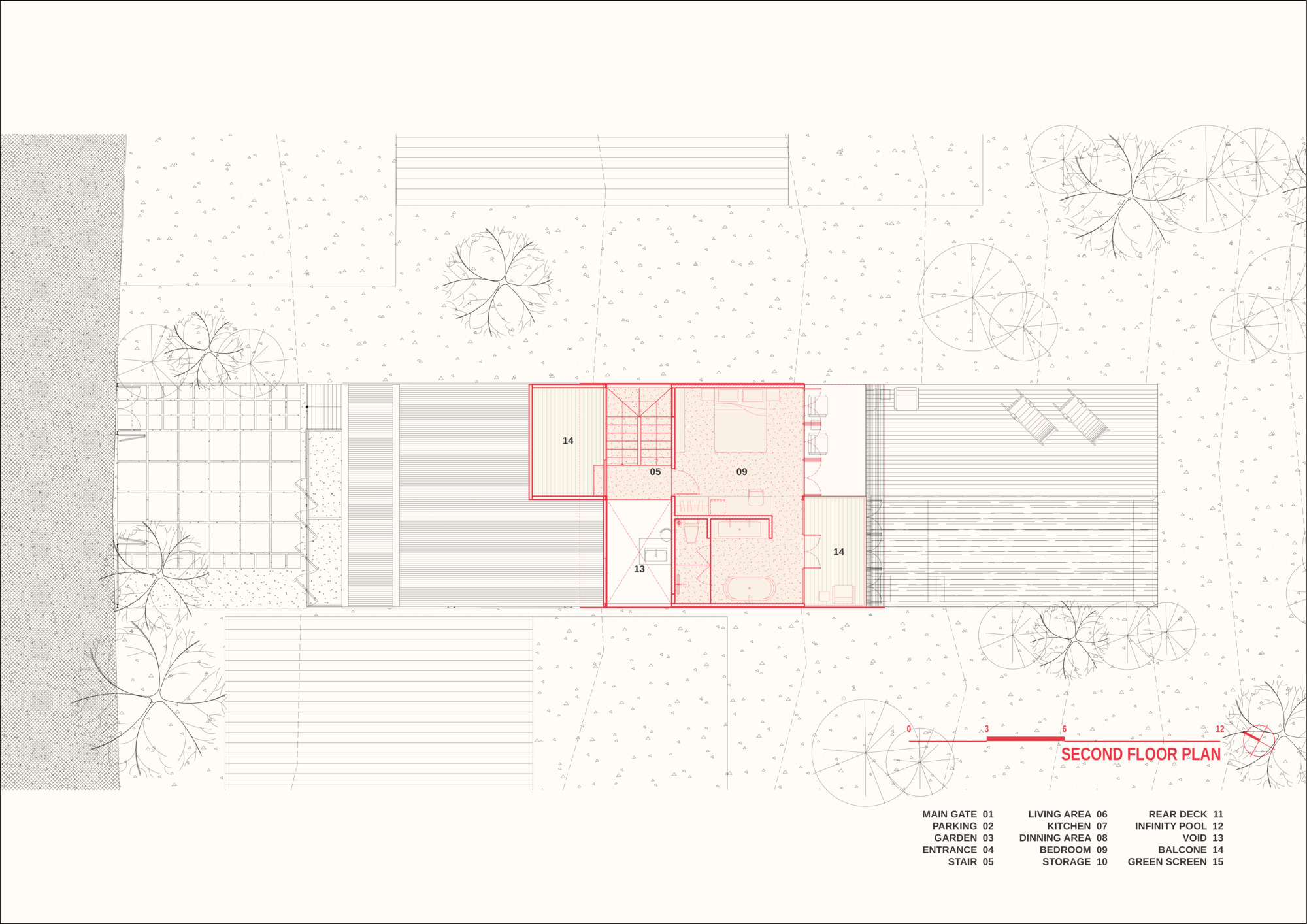 Second floor plan drawing showing bedroom spaces with central stair and surrounding decks and trees
