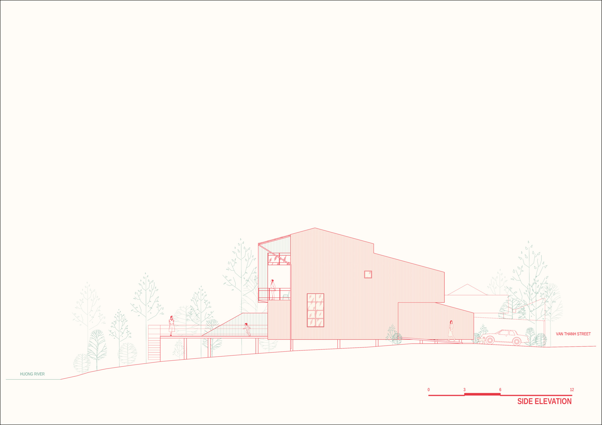 Side elevation drawing of a two-story residence with figures and trees on sloping terrain