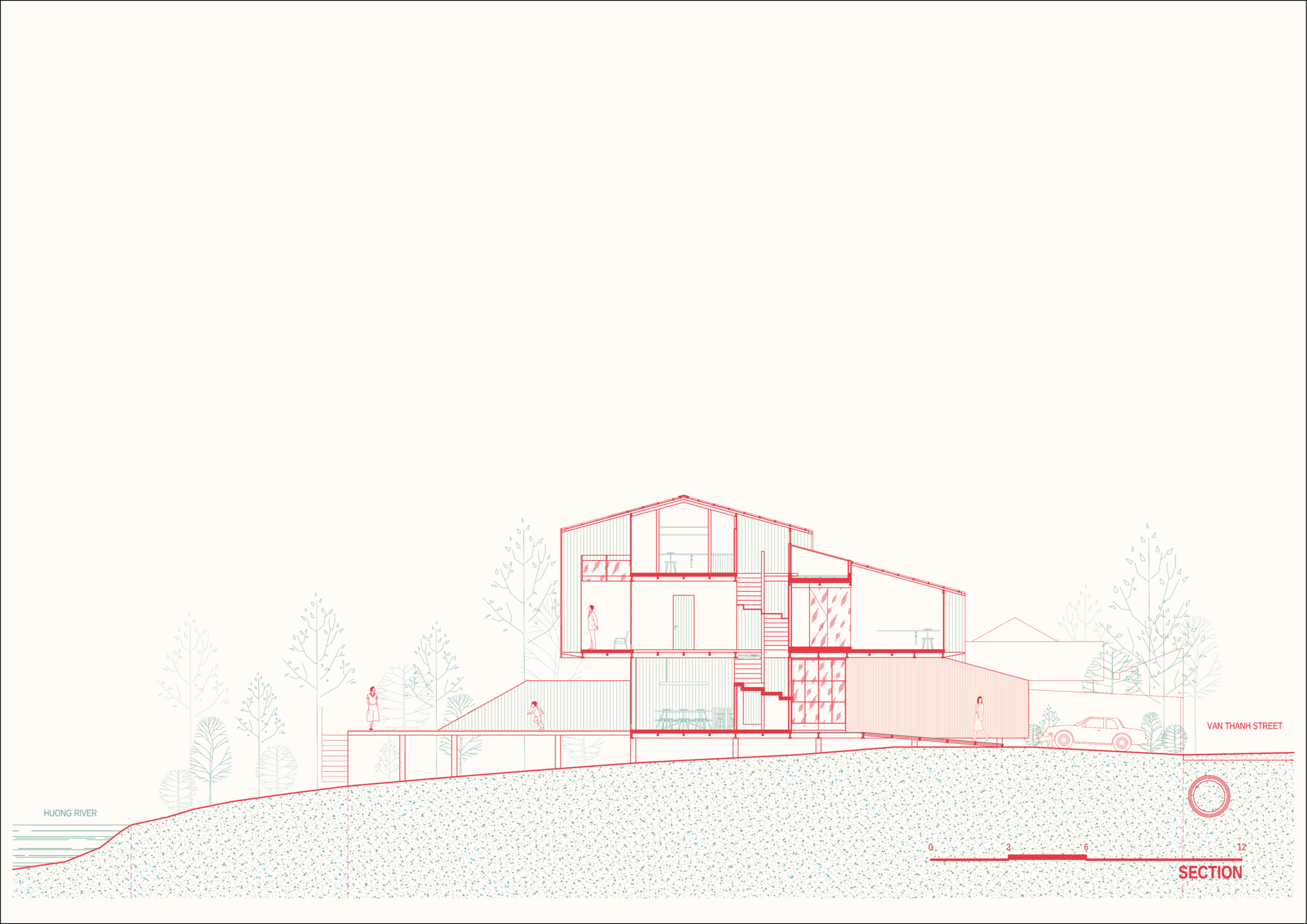 Section drawing revealing interior spatial volumes and circulation across multiple levels on a slope