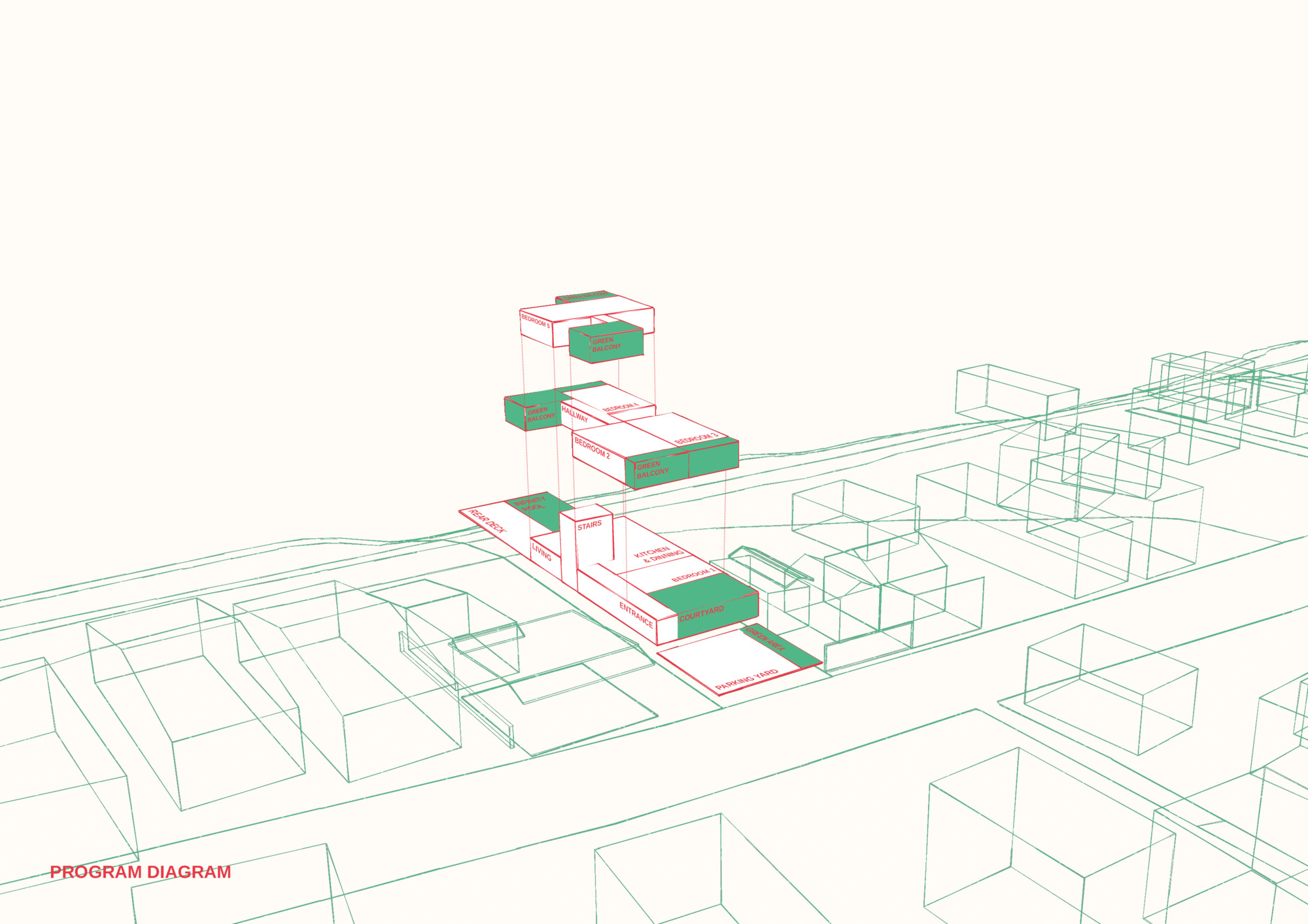 Axonometric program diagram highlighting stacked volumes in relation to surrounding neighborhood context