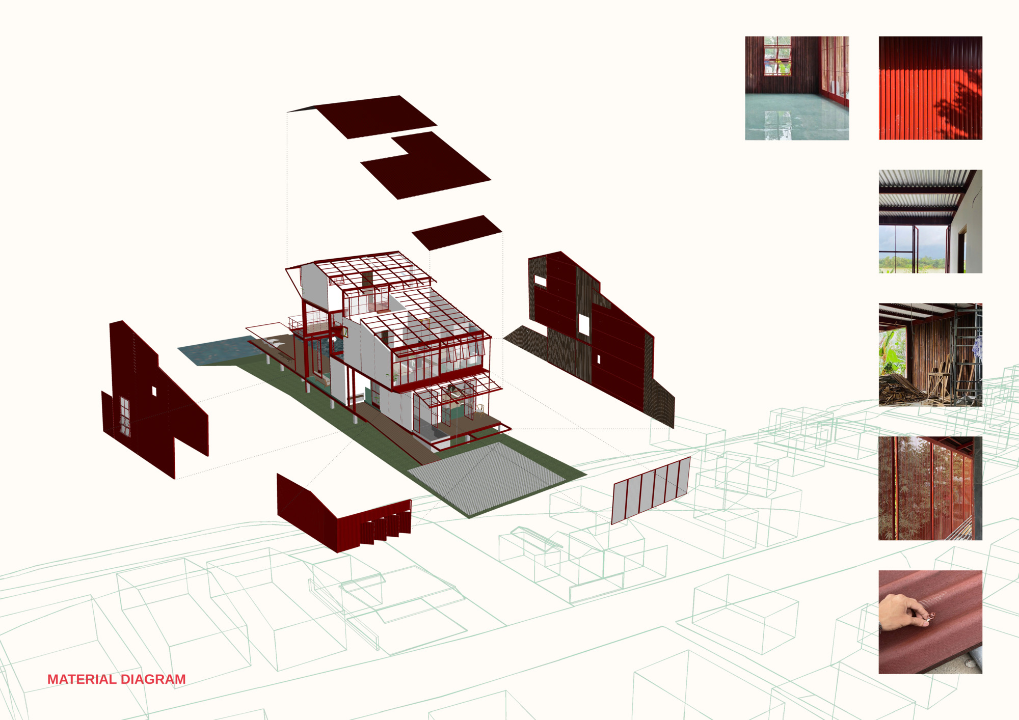 Exploded axonometric diagram showing material layers including roof planes and wall panels with detail photographs