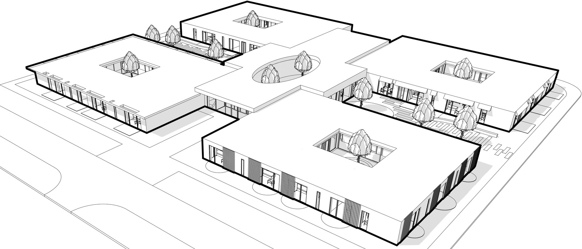 Axonometric drawing showing four flat-roofed volumes arranged around internal courtyards with trees