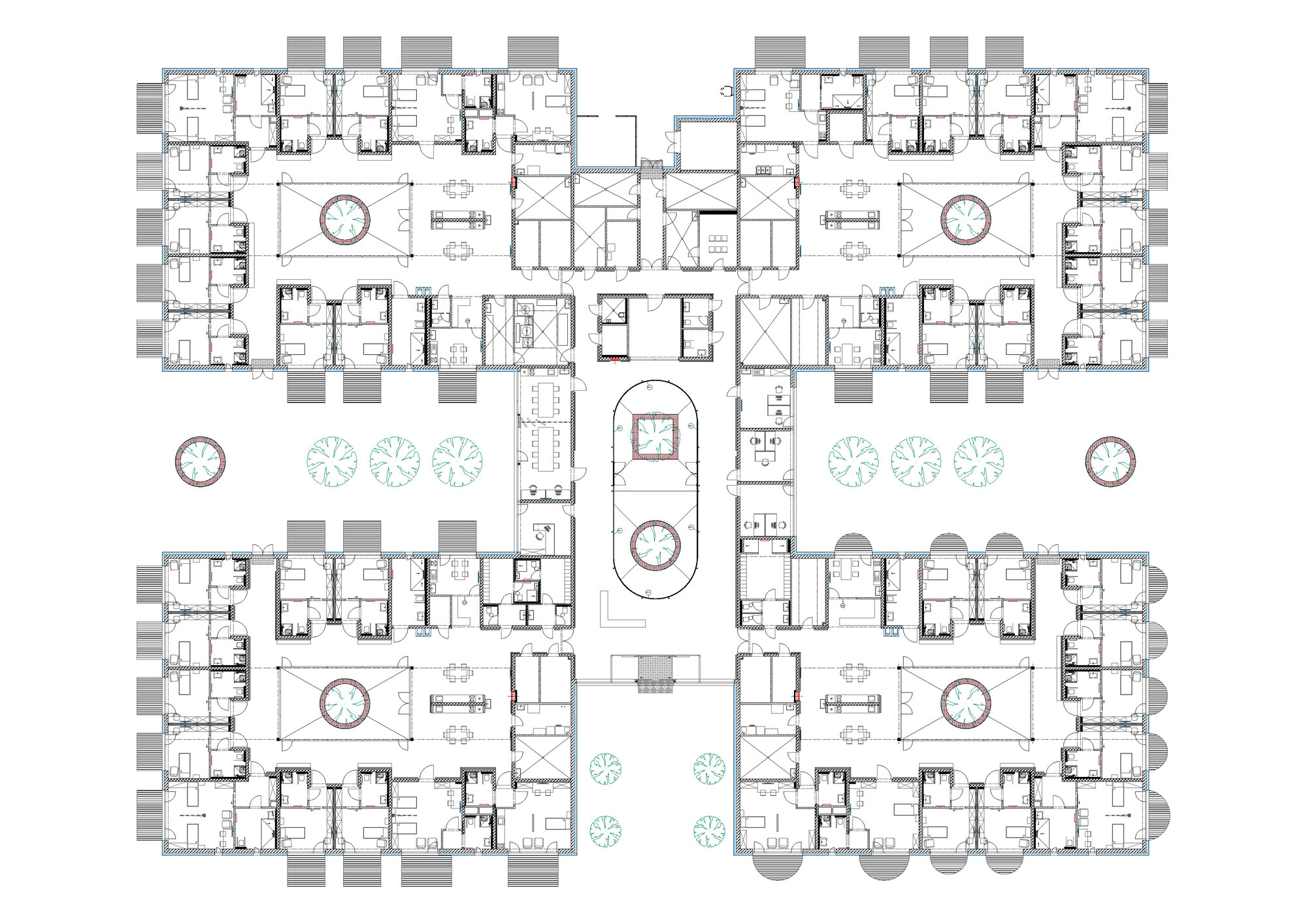 Floor plan drawing showing four residential wings arranged symmetrically around central courtyards and circulation spaces