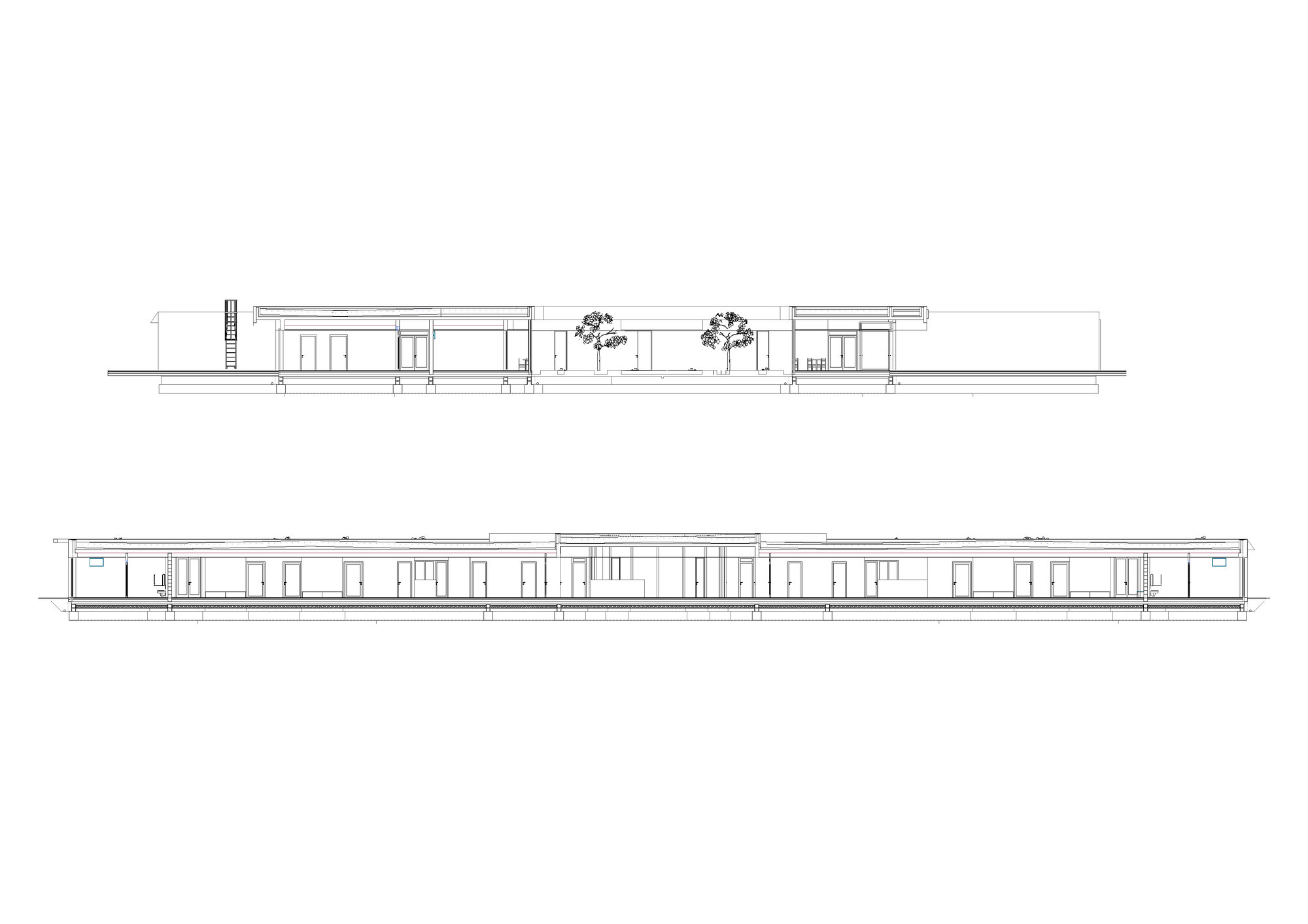 Section and elevation drawings showing the low-rise profile with flat roofs and courtyard trees