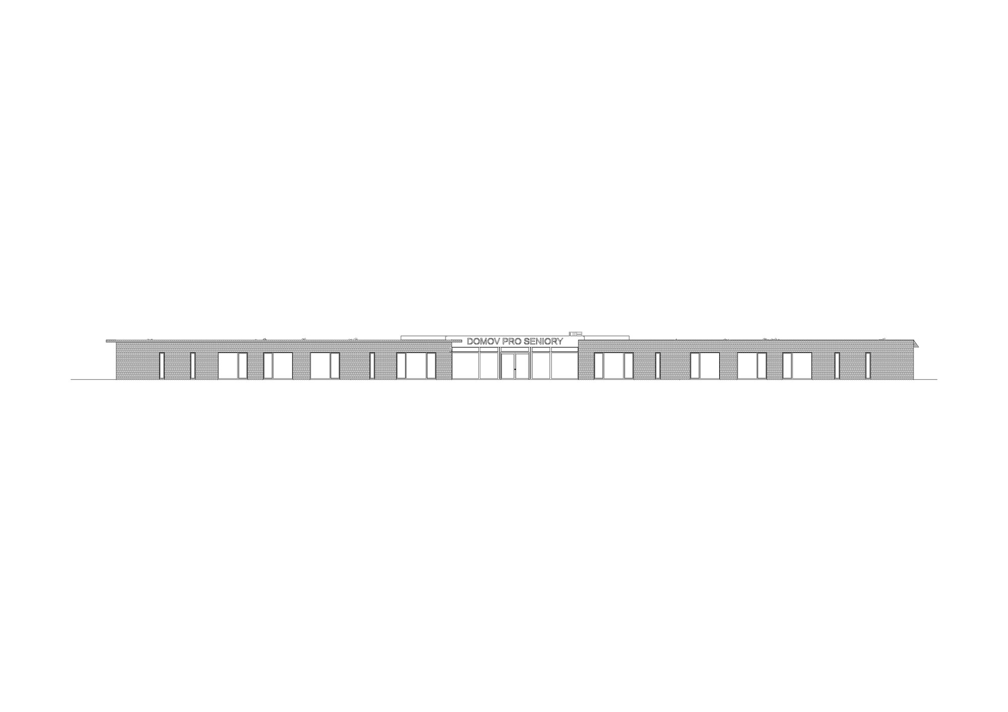 Elevation drawing showing the long horizontal facade with evenly spaced window openings and a central entrance