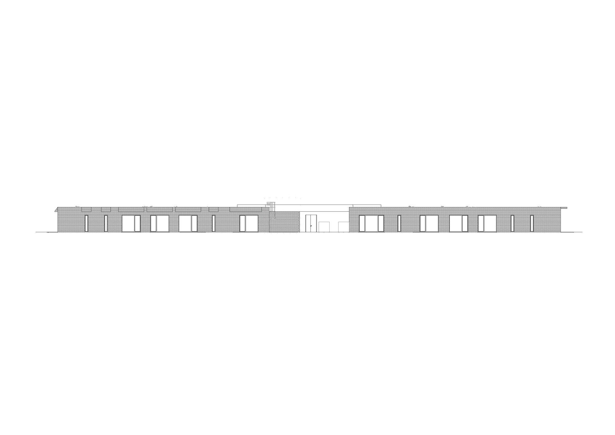 Elevation drawing showing the facade rhythm with alternating solid panels and window openings across the length