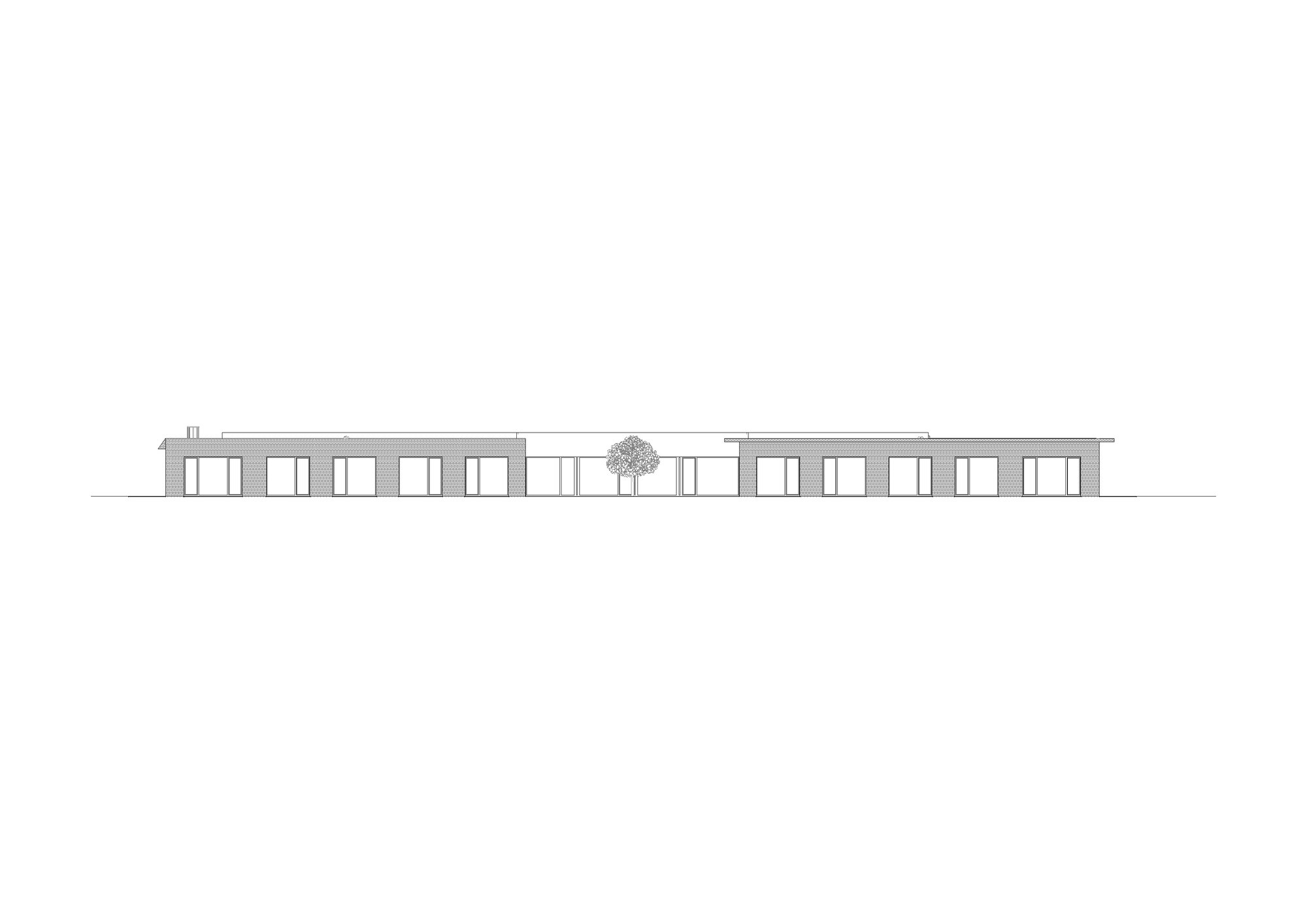 Elevation drawing showing a low horizontal building with flat roof and central tree element