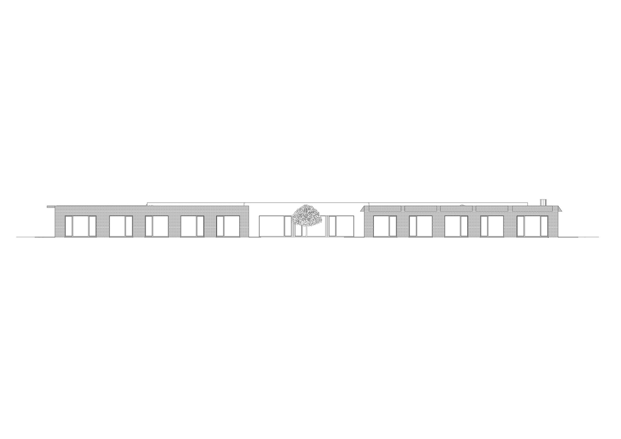 Elevation drawing depicting a symmetrical single-story structure with rhythmic window openings and central courtyard tree