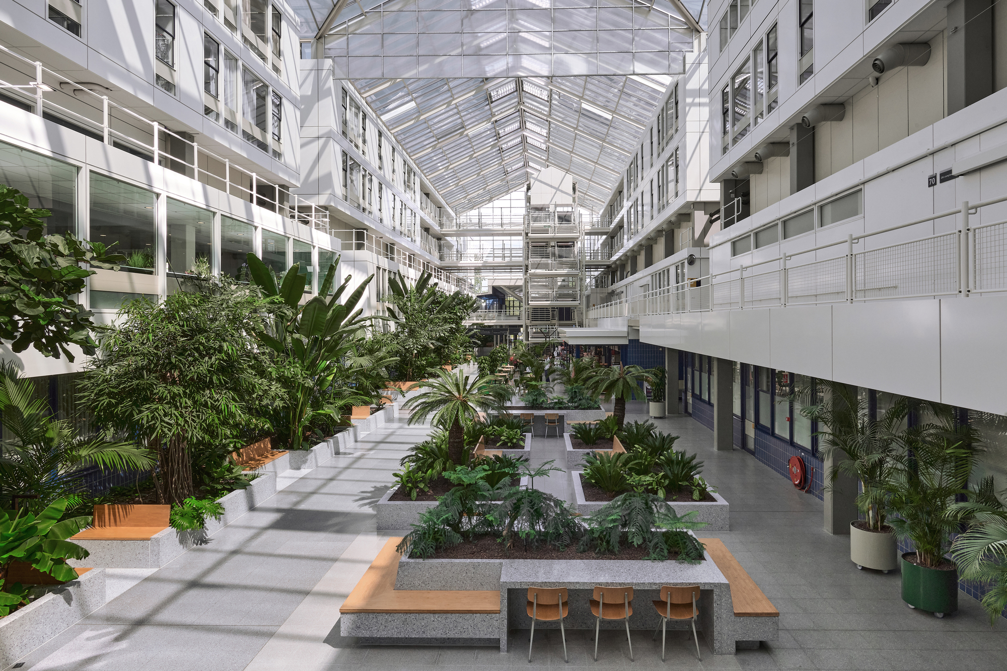 Multi-story interior atrium with glass roof, planted beds, and timber benches along a tiled central corridor