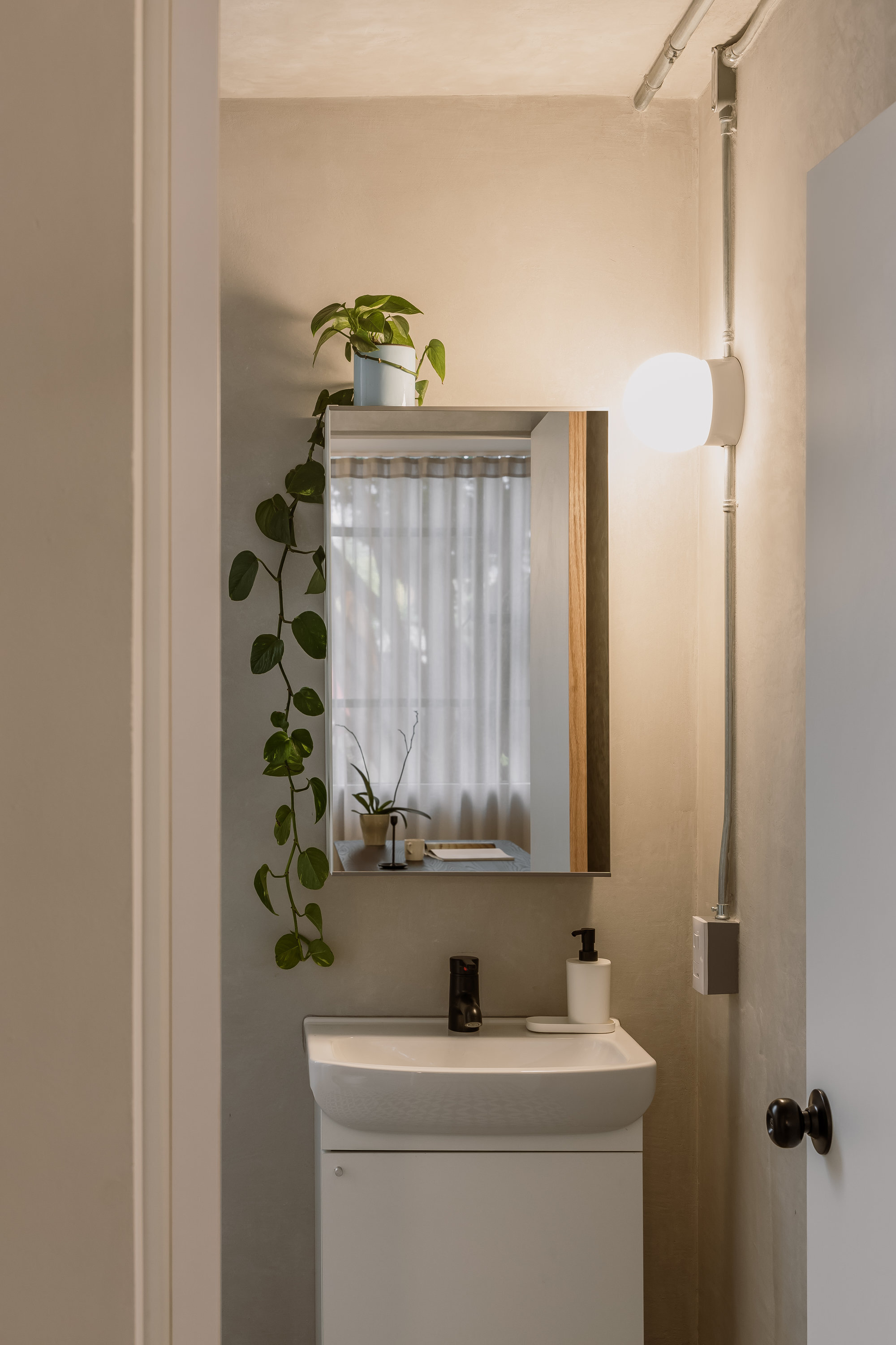 Bathroom vanity with timber-framed mirror and trailing pothos plant beside exposed electrical conduit