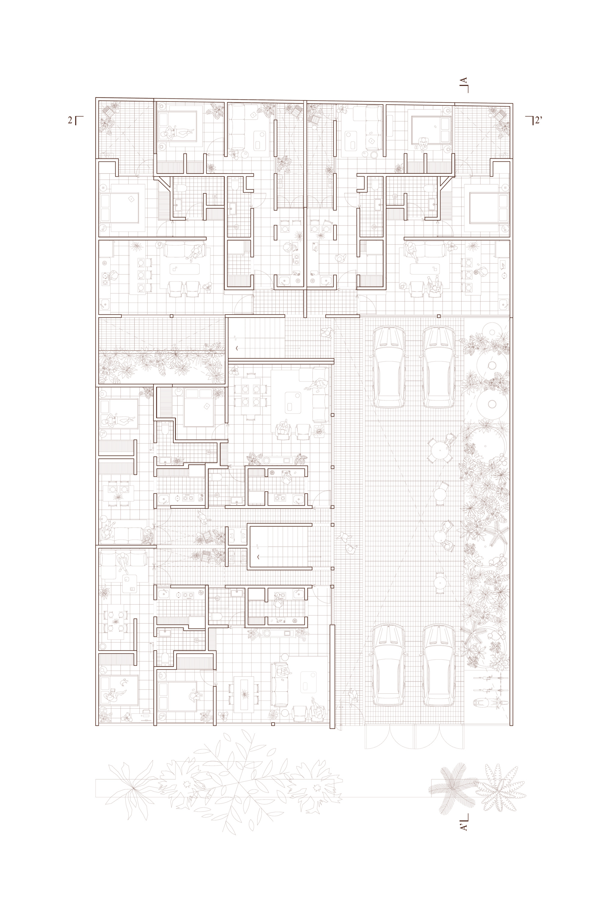 Floor plan drawing showing residential units organized around planted courtyards and circulation zones