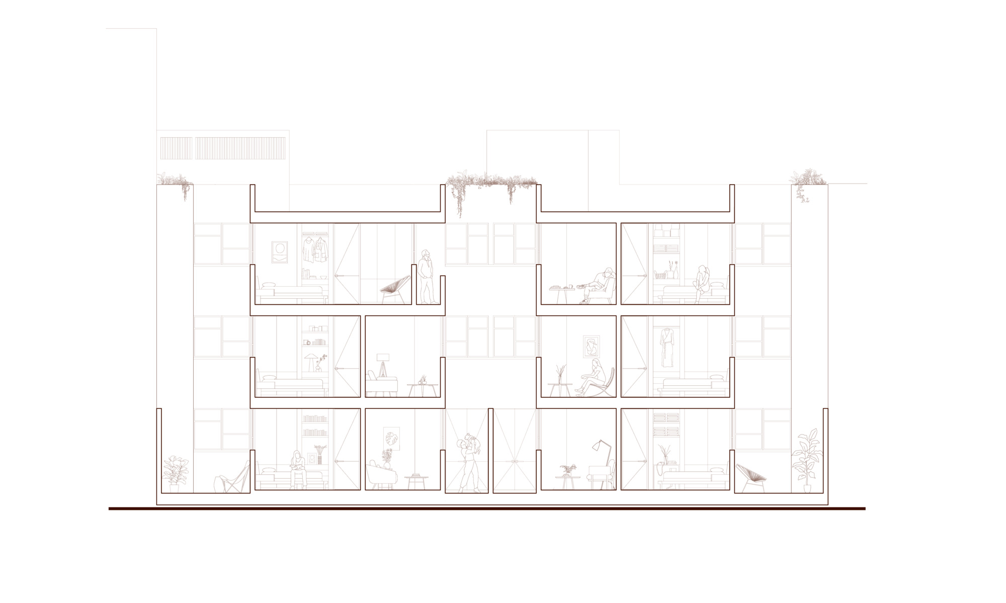 Section drawing revealing stacked dwelling units with planted roof terraces and internal courtyards