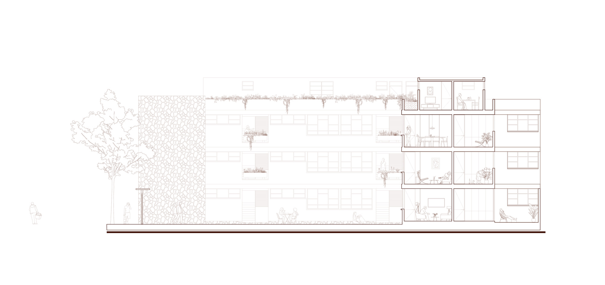 Section drawing showing the building massing with street tree, planted facade and rooftop greenery