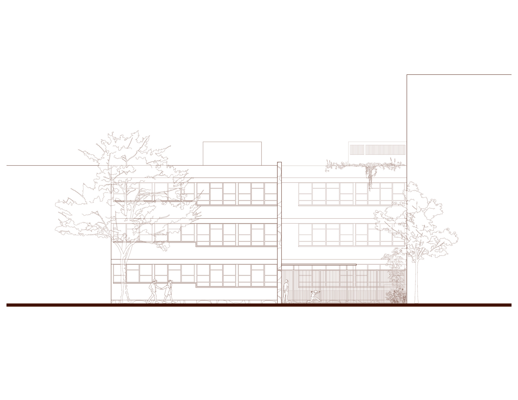 Elevation drawing showing a three-story rectangular building with horizontal bands of windows and surrounding trees