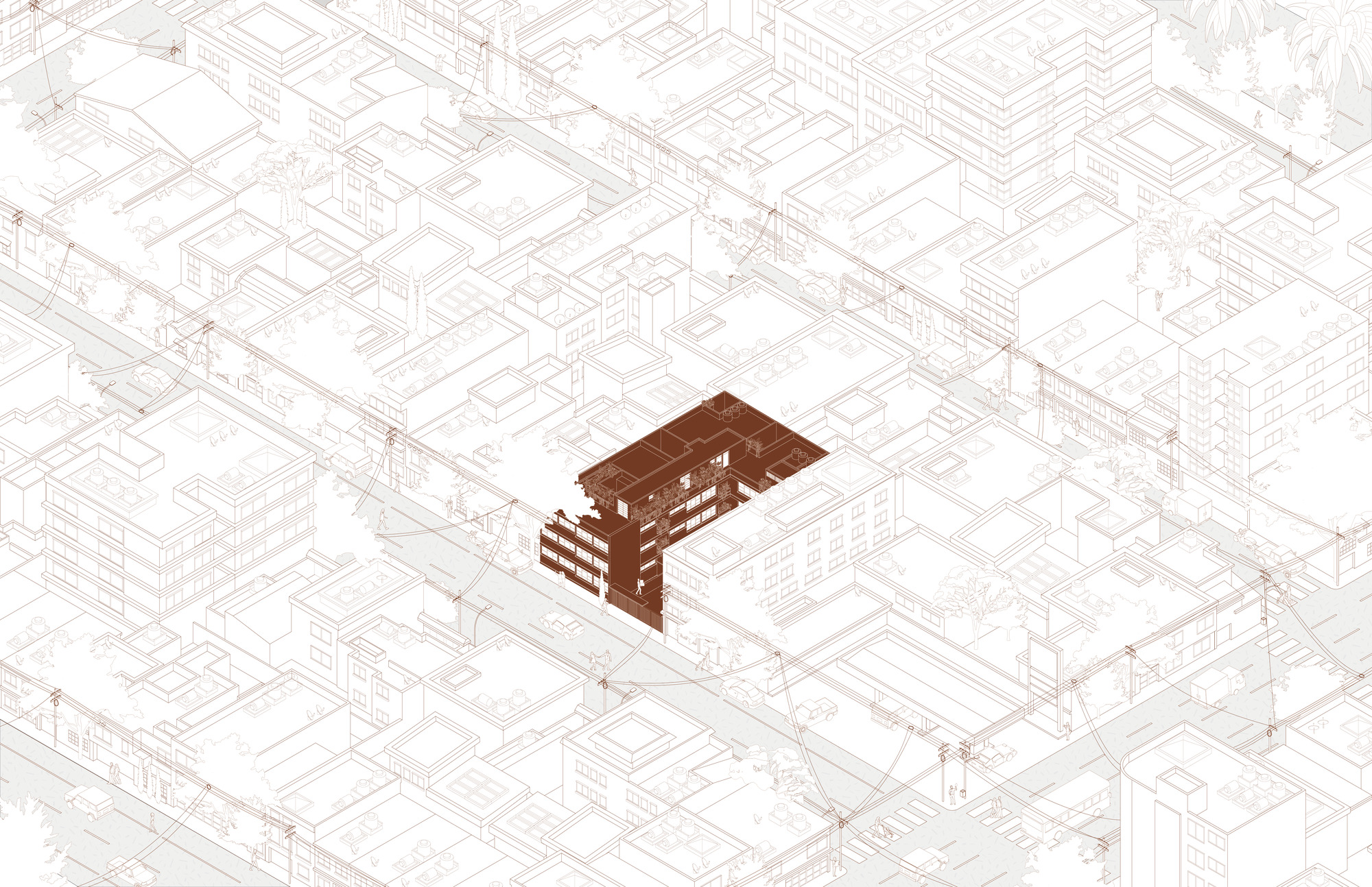 Axonometric drawing highlighting a single multistory building within a larger urban block context
