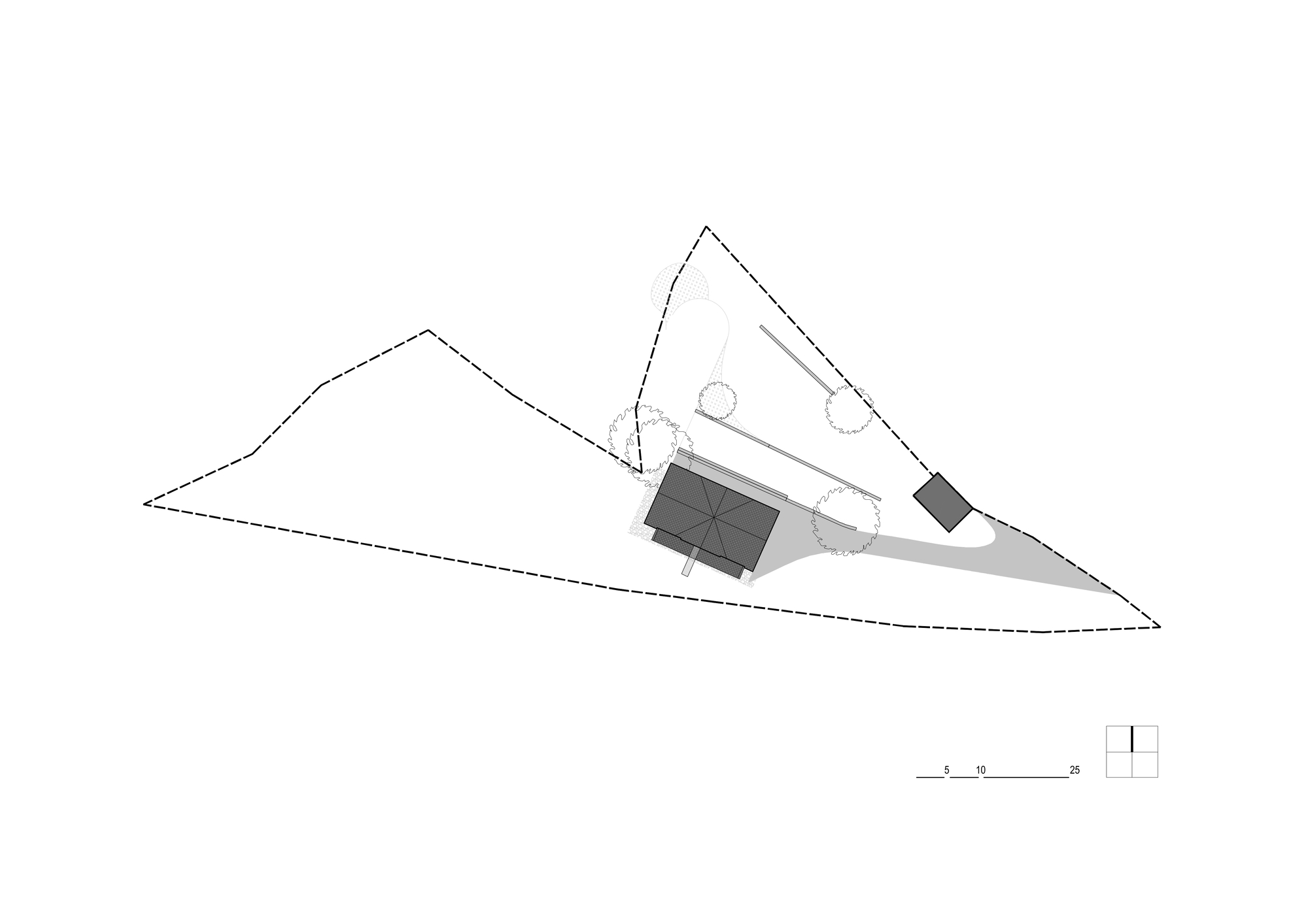 Site plan drawing showing two rectangular volumes and a circular element on a triangular sloped lot