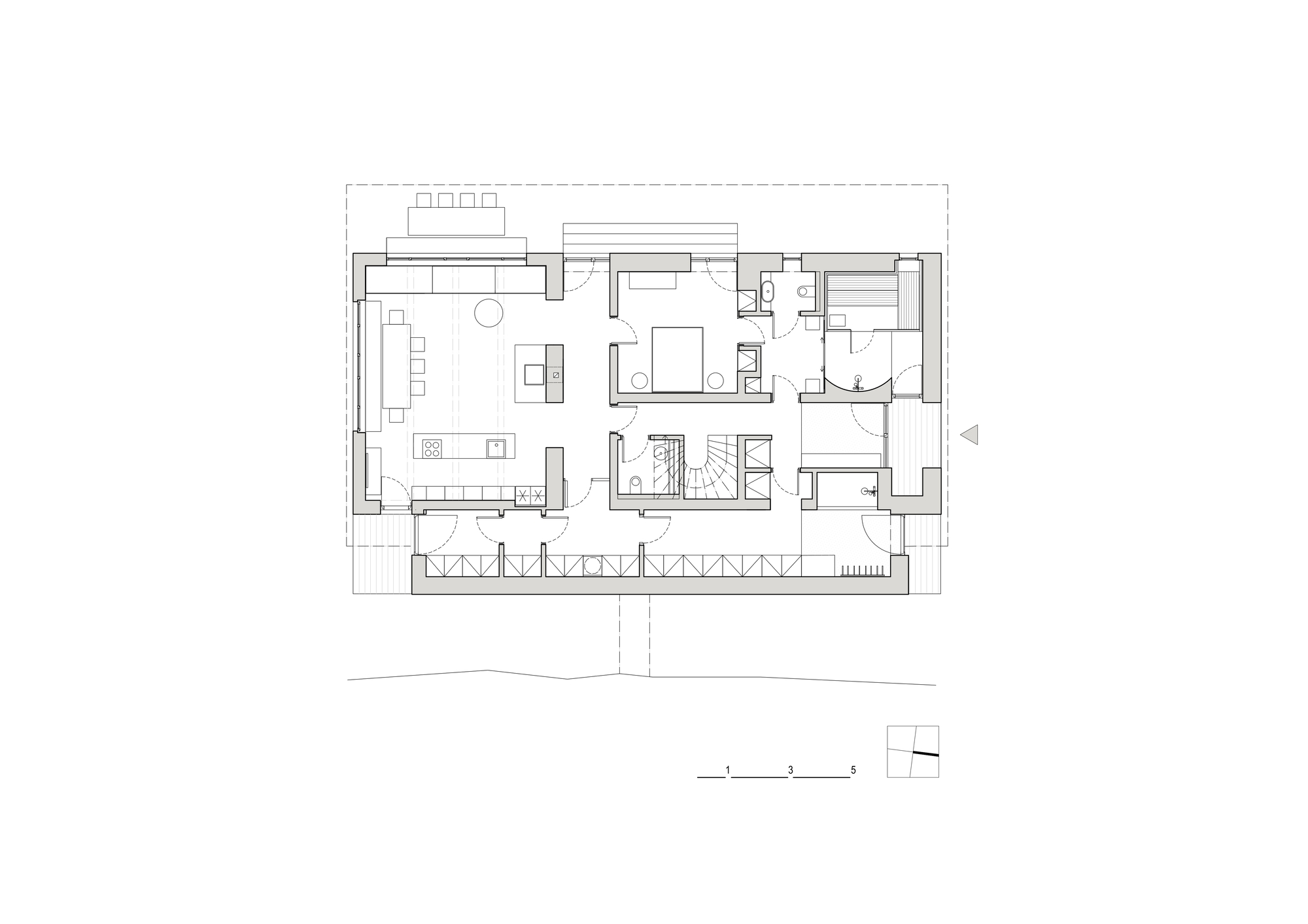 Ground floor plan drawing depicting an open-plan living space with bedrooms and bathrooms on the right