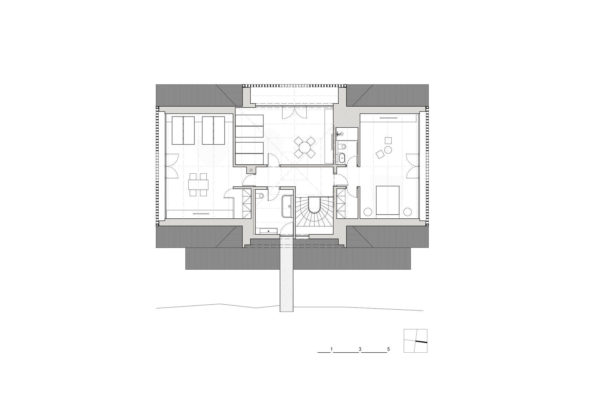 Upper floor plan drawing showing living and sleeping areas with central staircase and projecting balconies