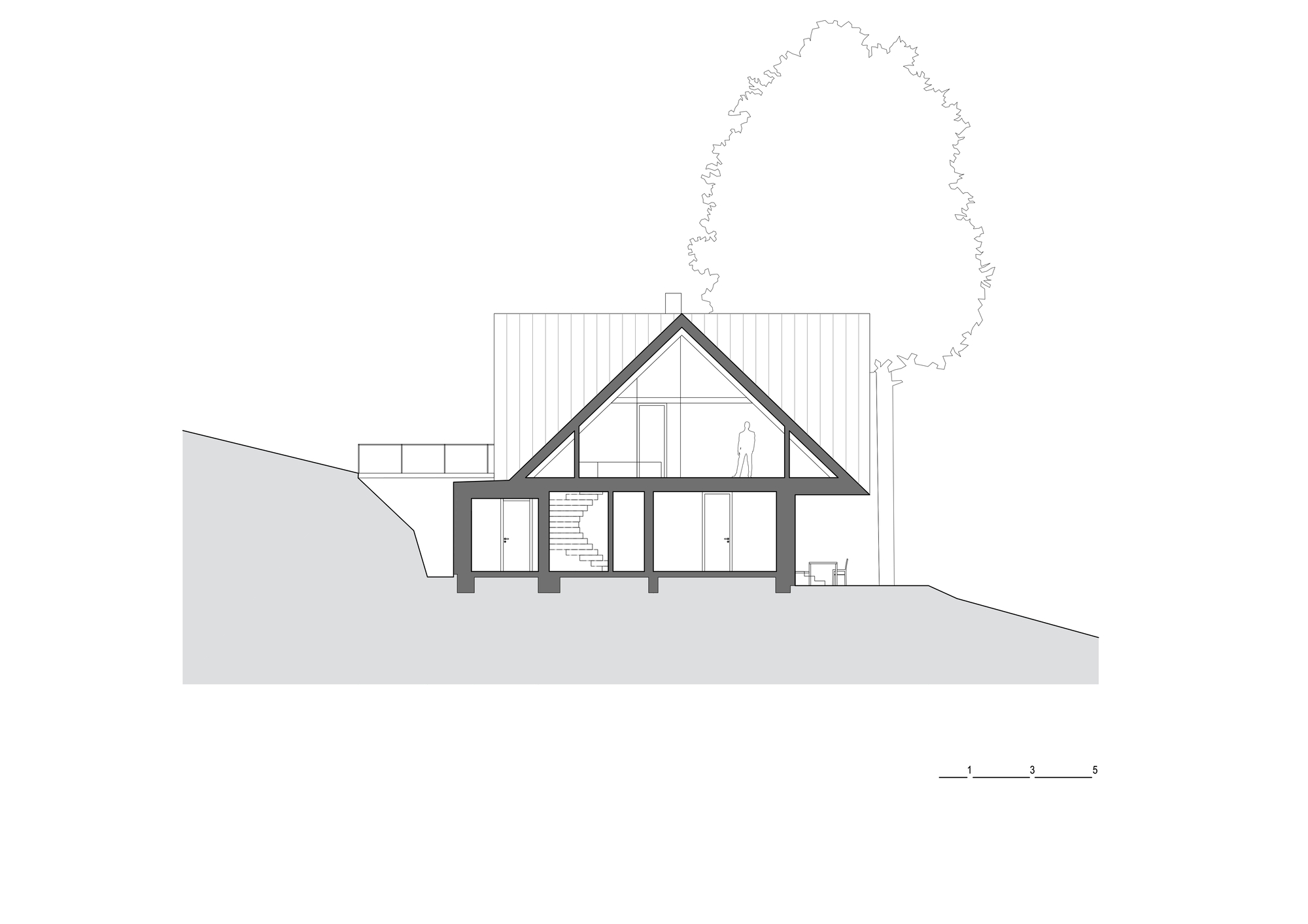 Section drawing revealing the pitched roof profile with interior spaces and a tree outline to the right