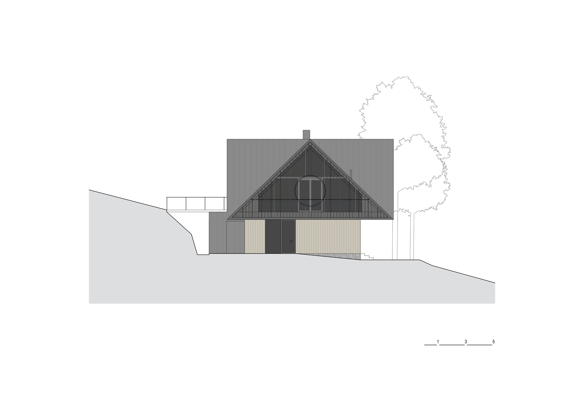 Elevation drawing showing the gabled facade with vertical cladding panels and flanking trees