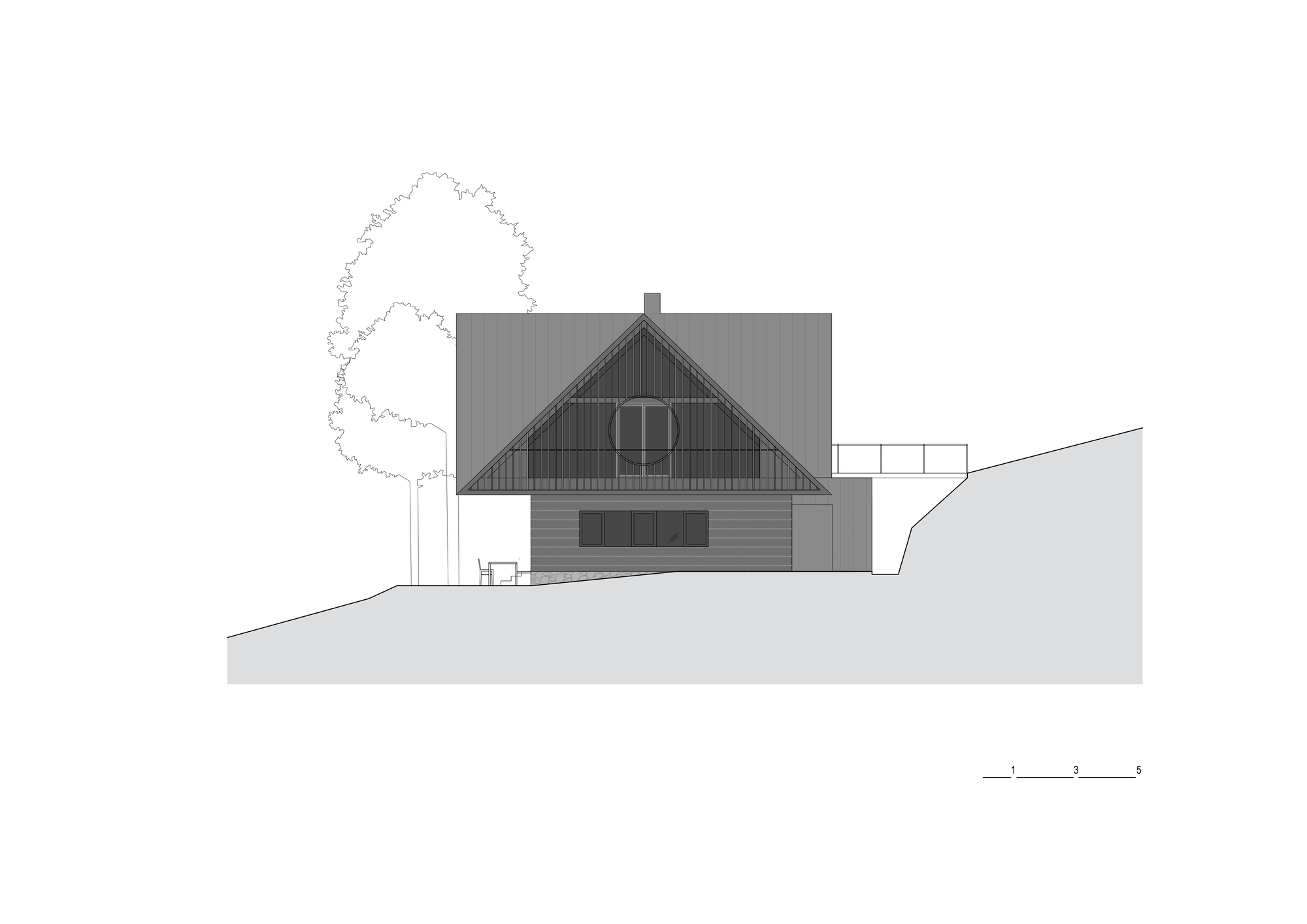 Elevation drawing showing a gabled volume with horizontal cladding on sloped terrain beside a tree