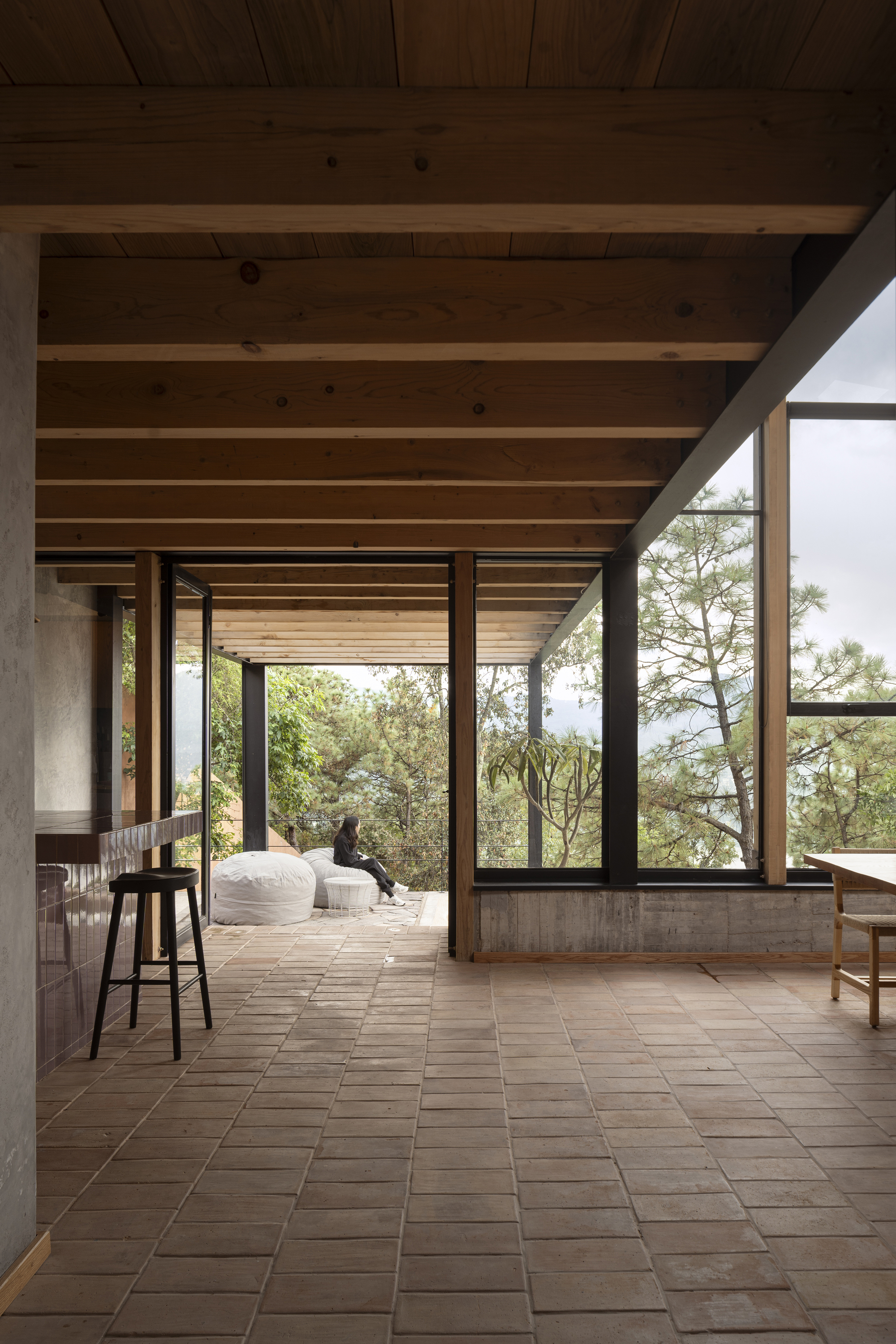 Clay tile floor terrace with exposed timber beams and steel-framed glazing looking toward forested hillside