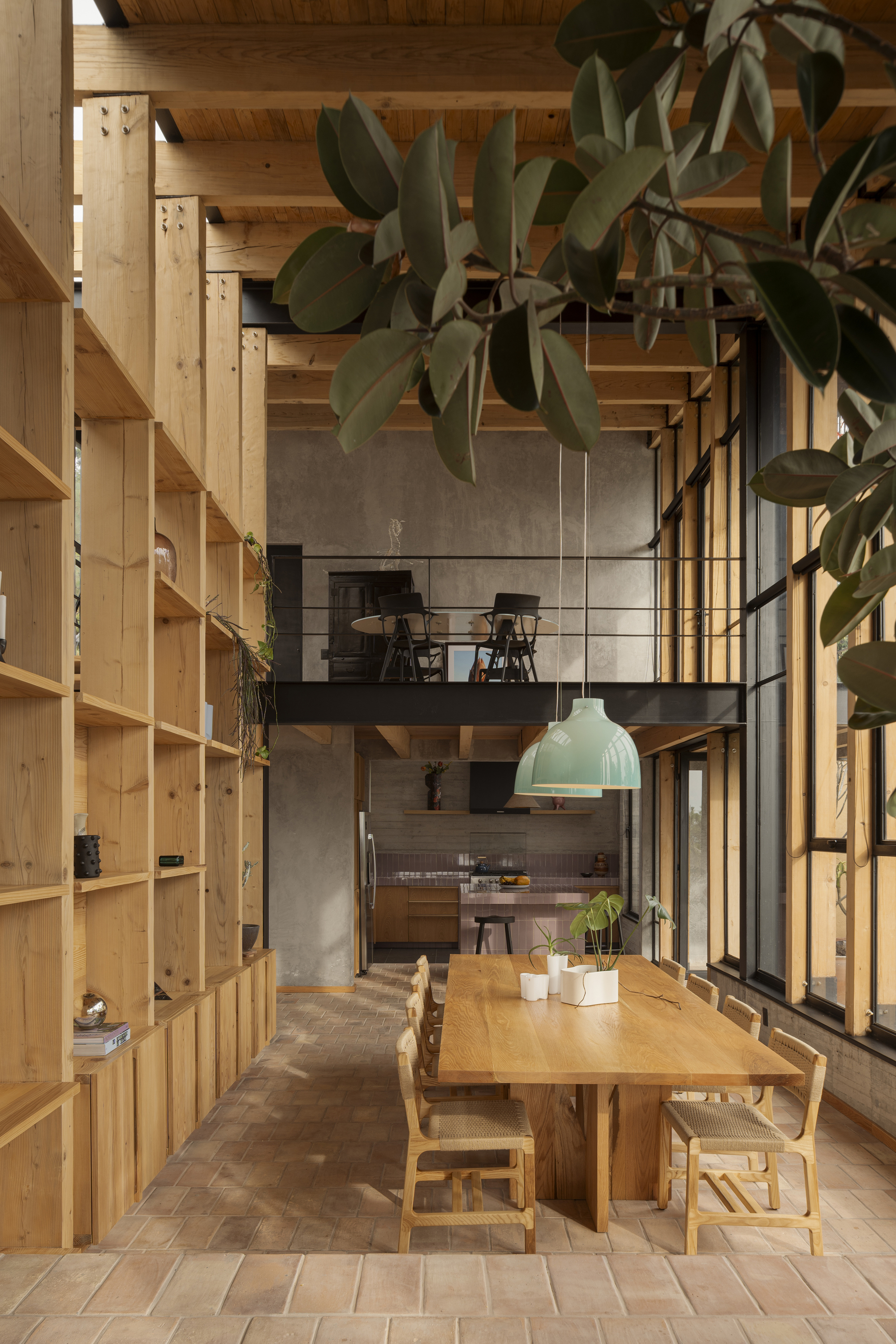 Double-height dining space with timber shelving wall and suspended metal mezzanine with potted rubber plant overhead