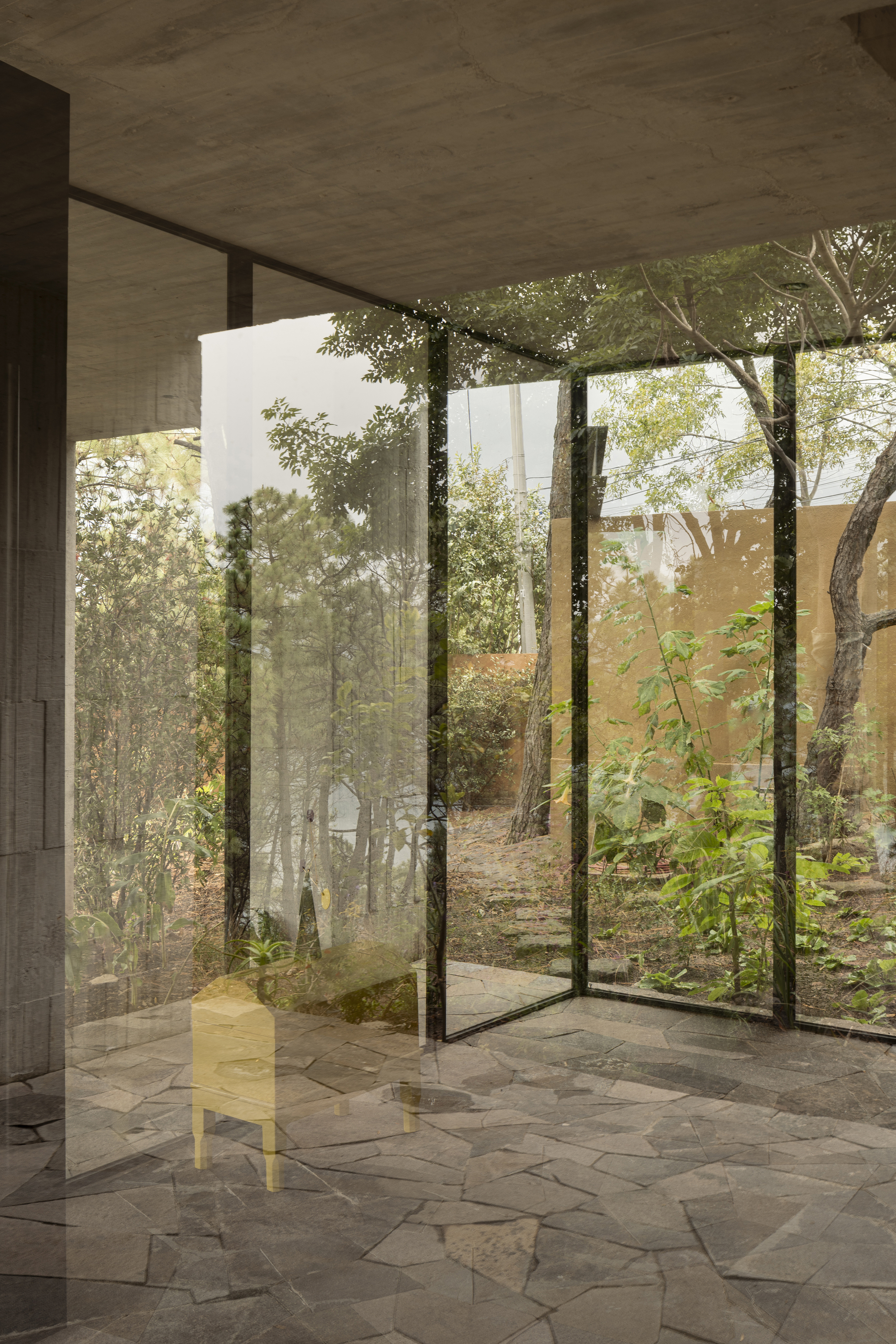 Floor-to-ceiling glass corner opening onto a planted courtyard with existing trees and stone paving