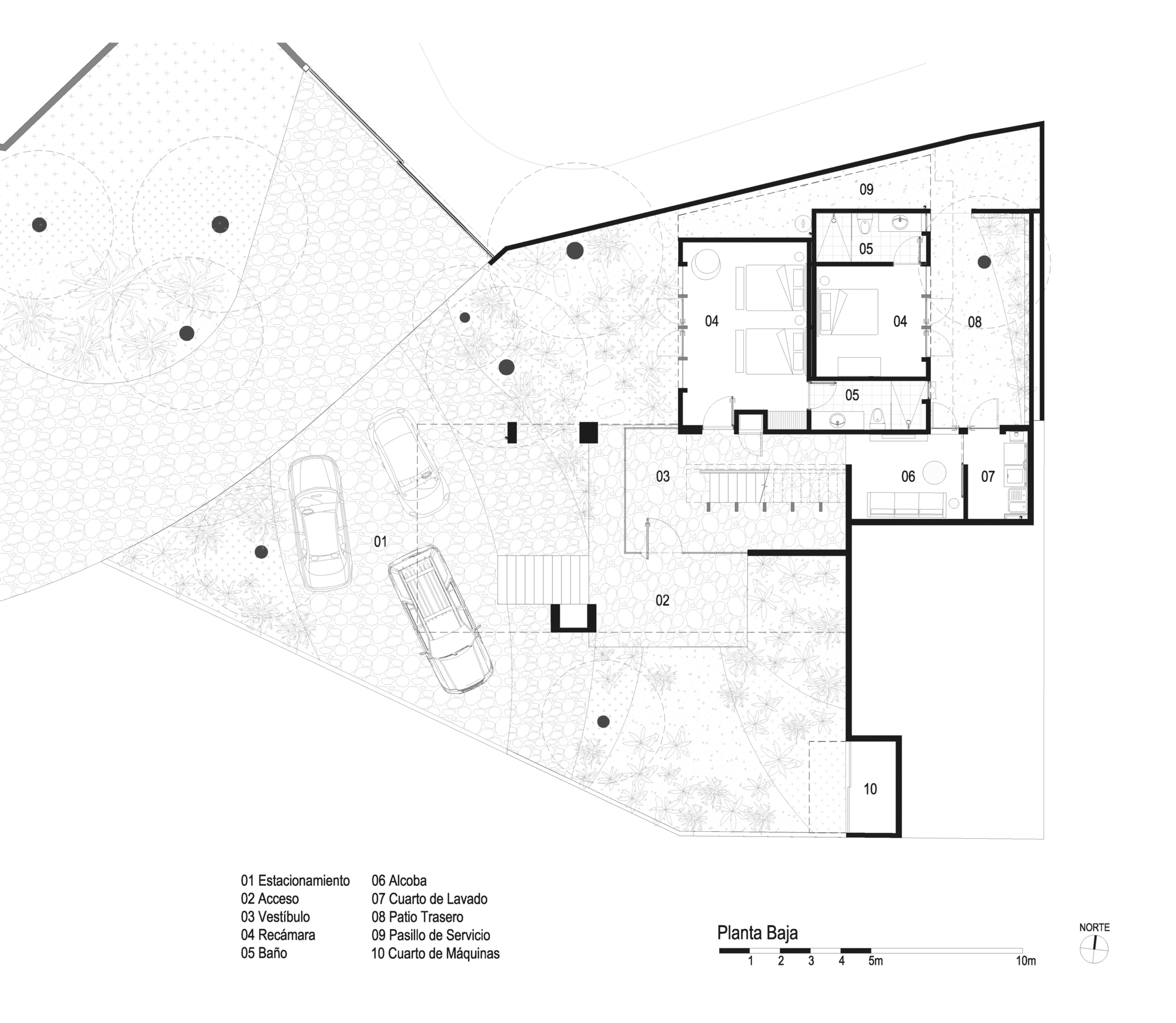 Ground floor plan drawing showing an angled footprint with parking, courtyard, and bedroom wing