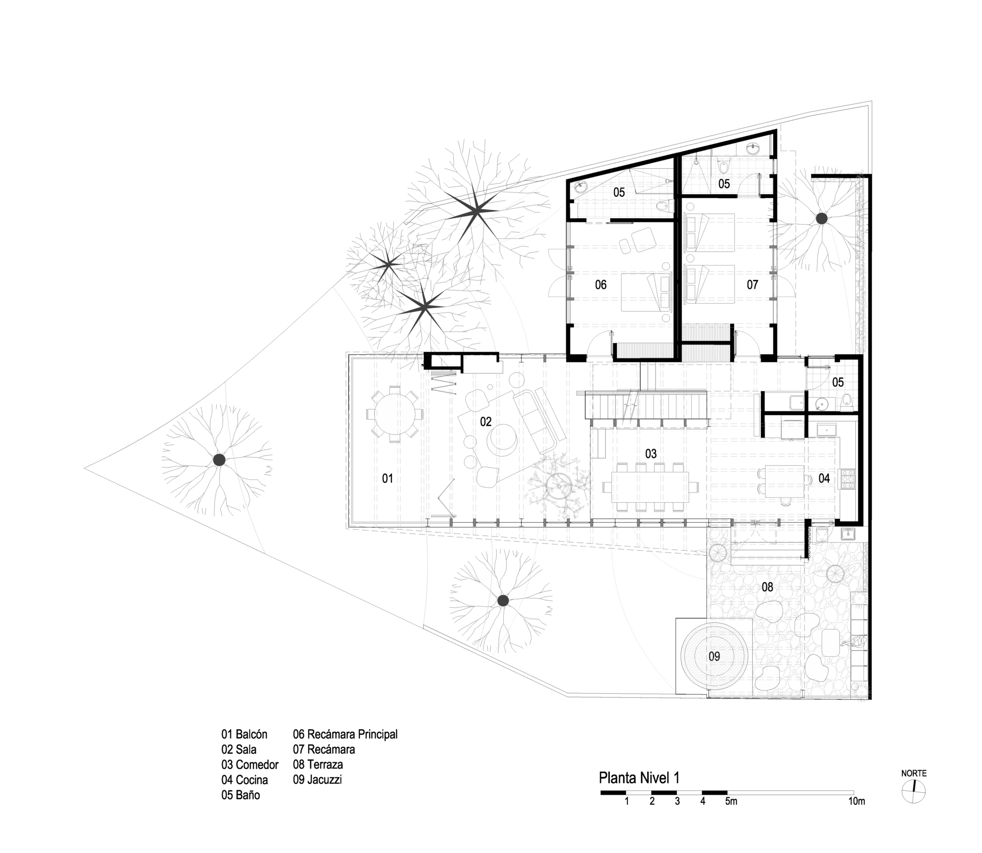 Floor plan drawing showing an irregular perimeter with interior rooms and an outdoor terrace with landscaping