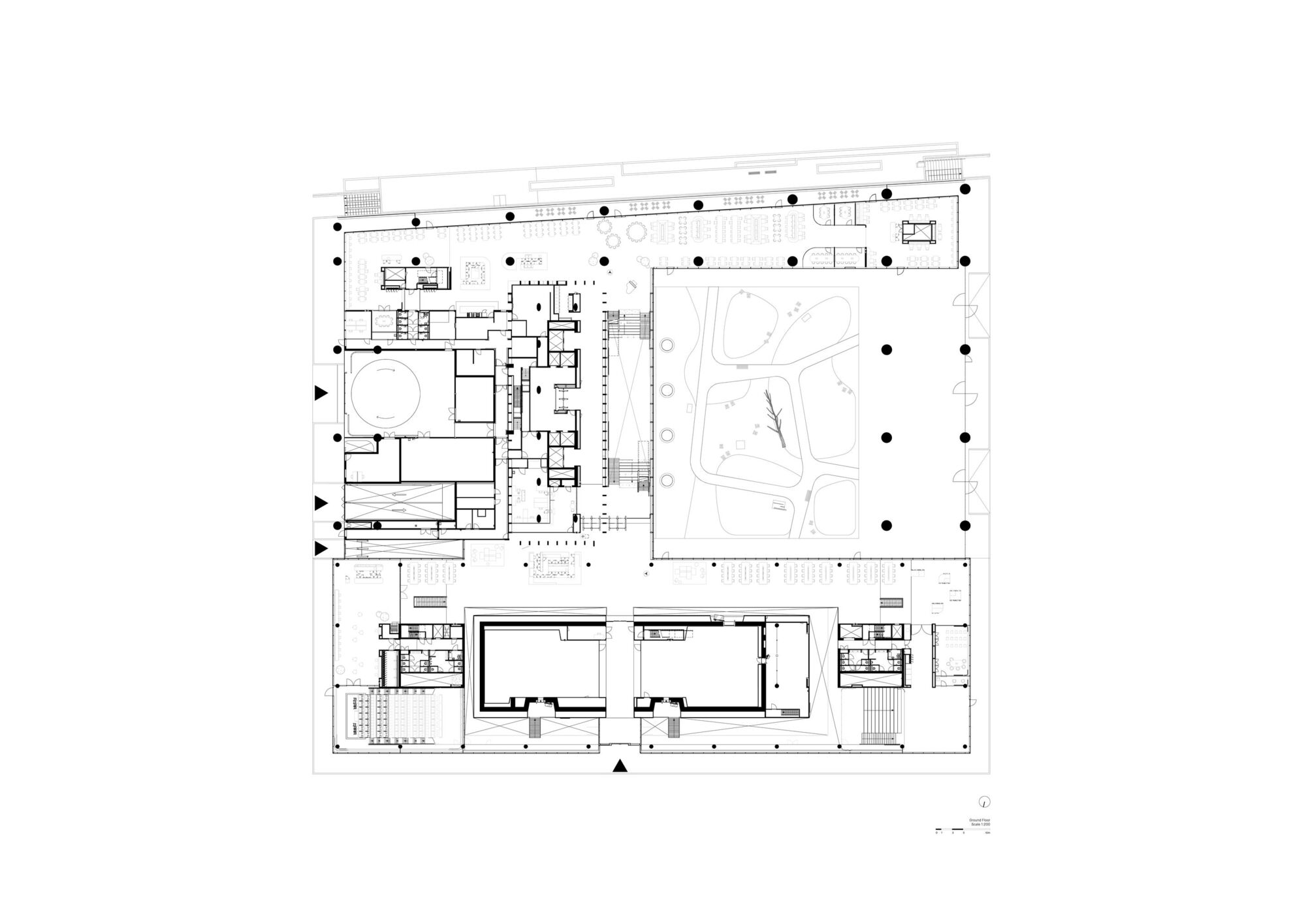 Ground floor plan drawing showing rooms arranged around a central landscaped courtyard