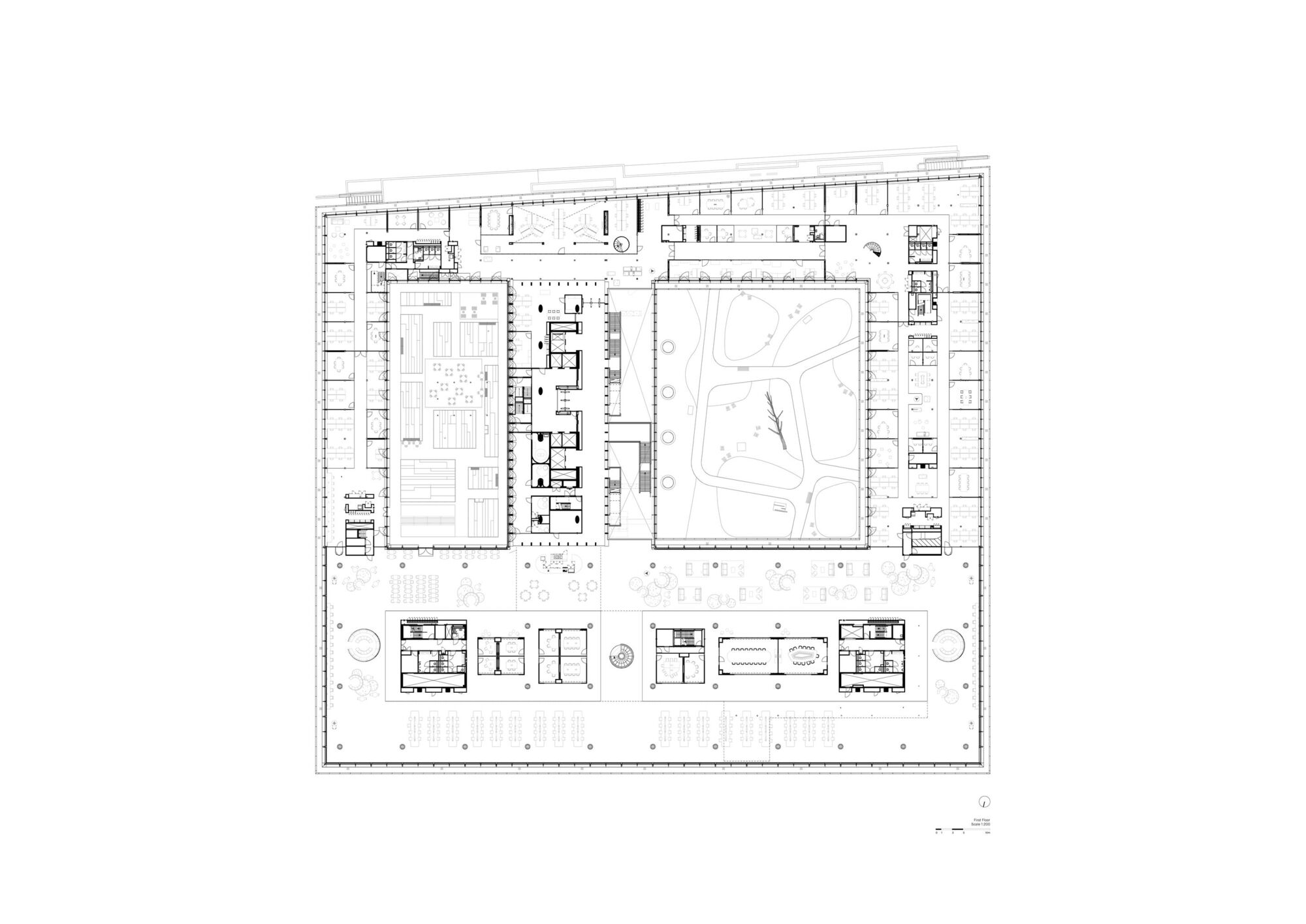 Upper floor plan drawing showing enclosed spaces wrapping a central planted atrium