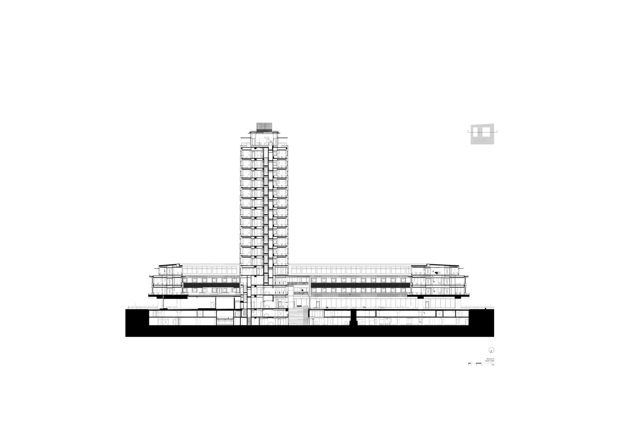 Section drawing showing a tower rising from a horizontal plinth with underground levels