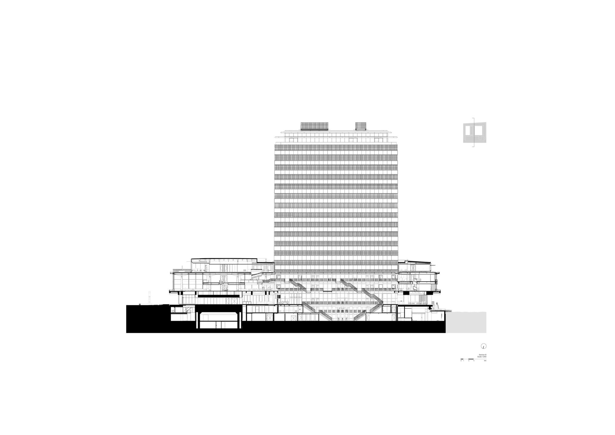 Section drawing showing the tower with horizontal striped facade above a terraced base