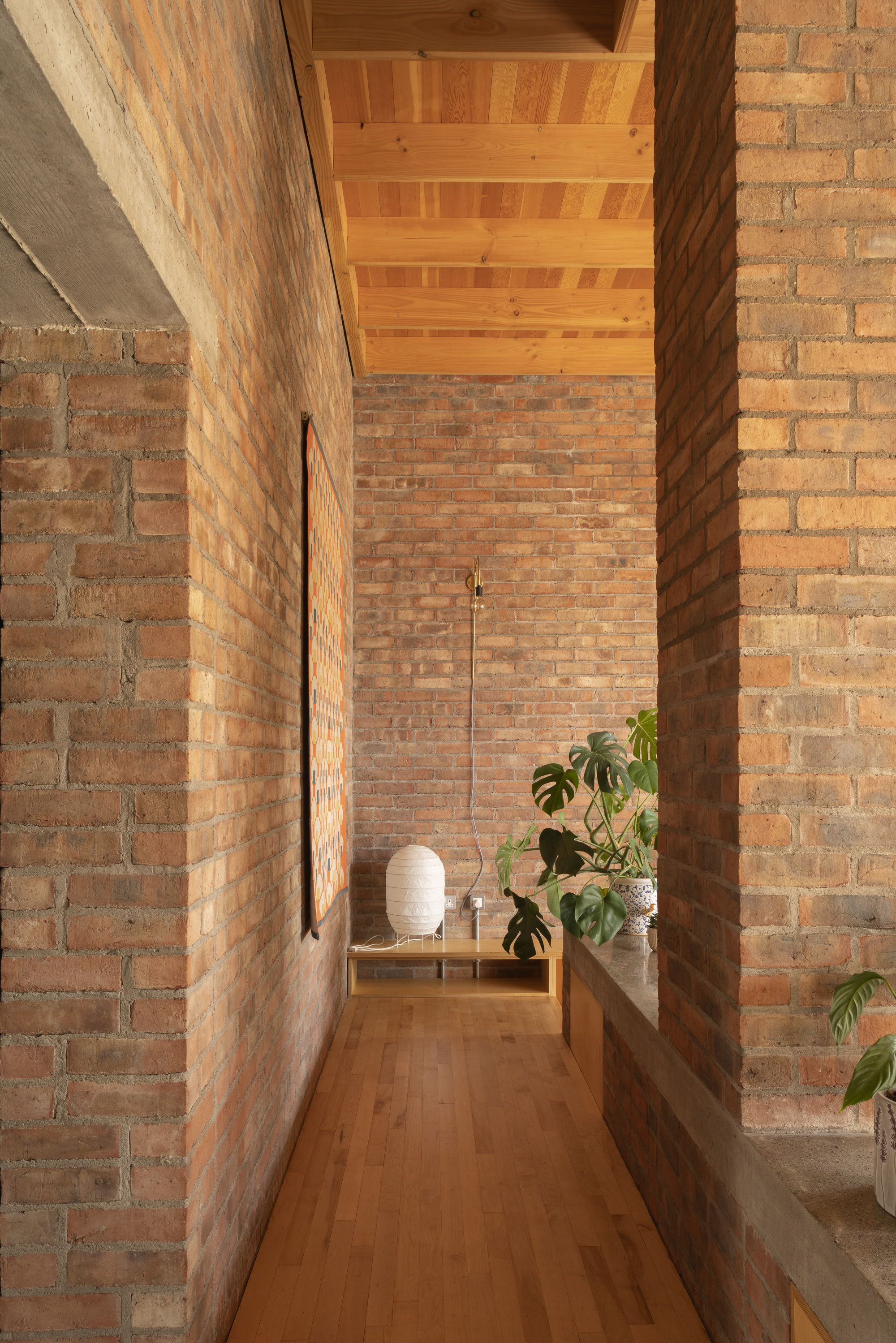 Narrow corridor with exposed brick walls, timber ceiling beams and potted monstera plants on a concrete ledge