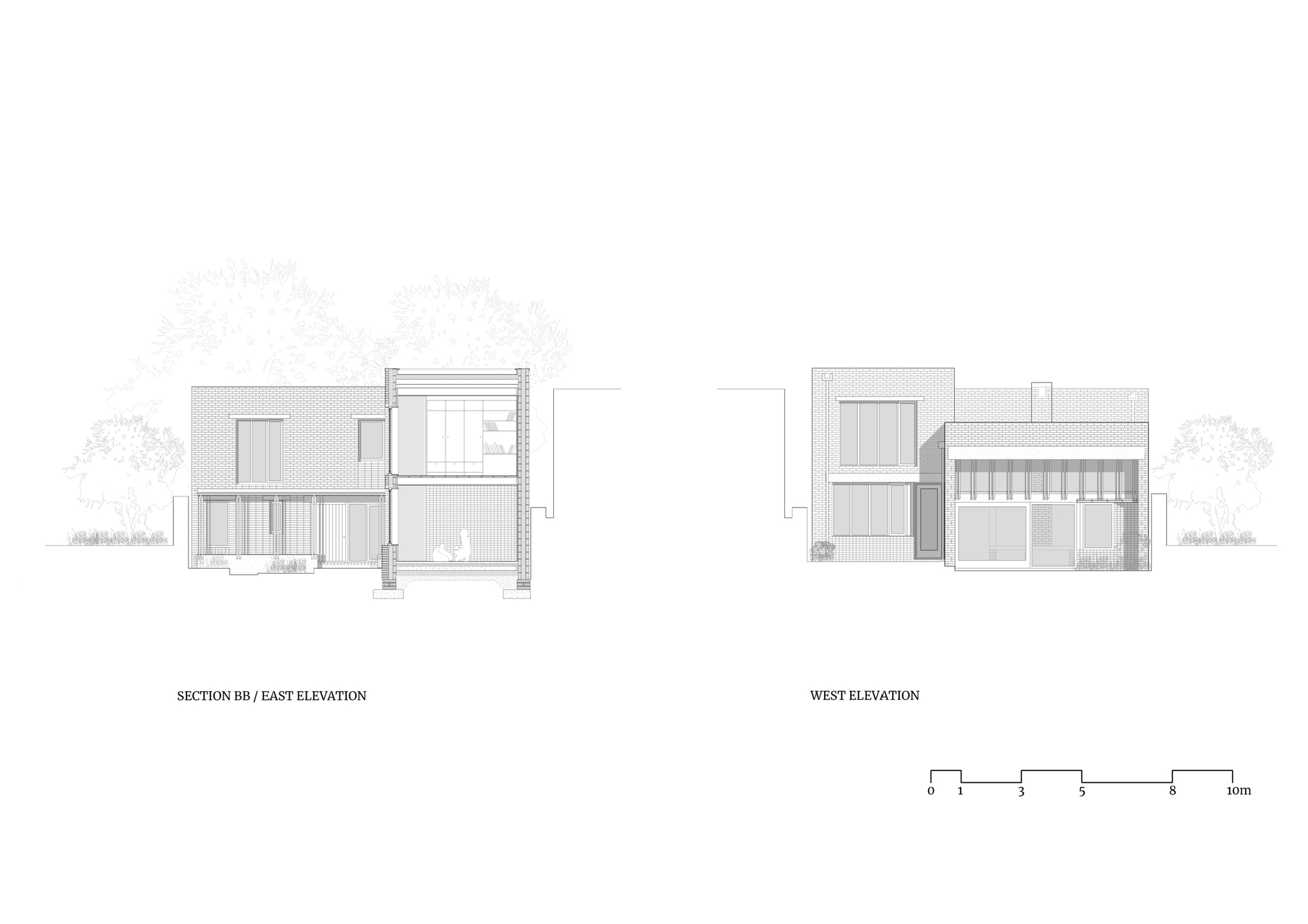 Section and elevation drawings showing the two-storey volume with surrounding trees and material hatching