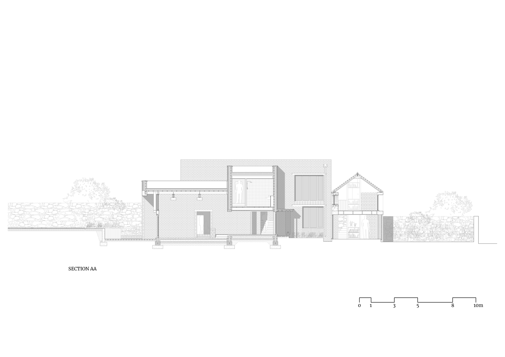 Section drawing revealing interior volumes with varying ceiling heights and structural supports beneath flat roofs
