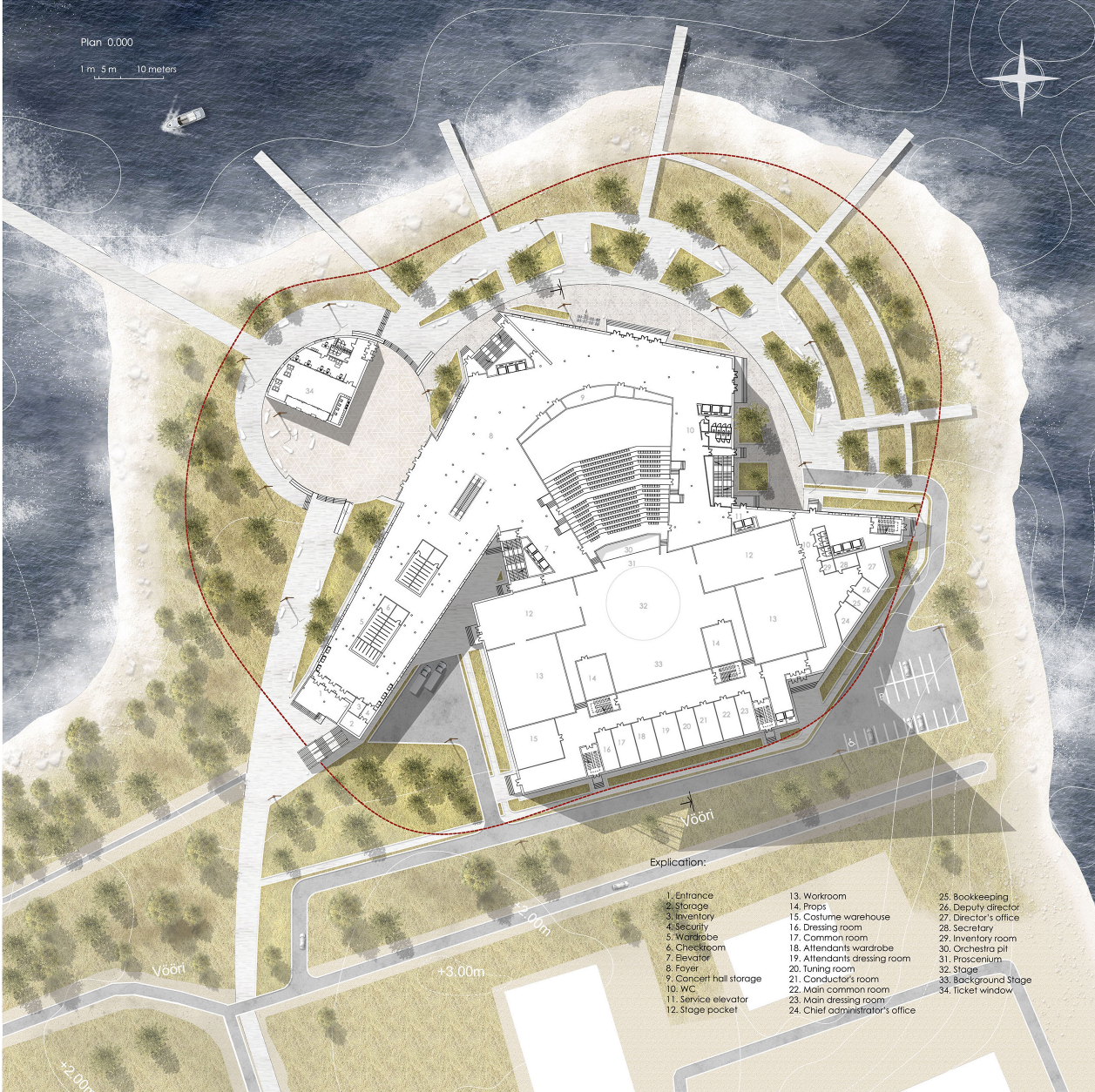 Coastal site plan illustrating circulation, zoning, and landscape integration of the opera house