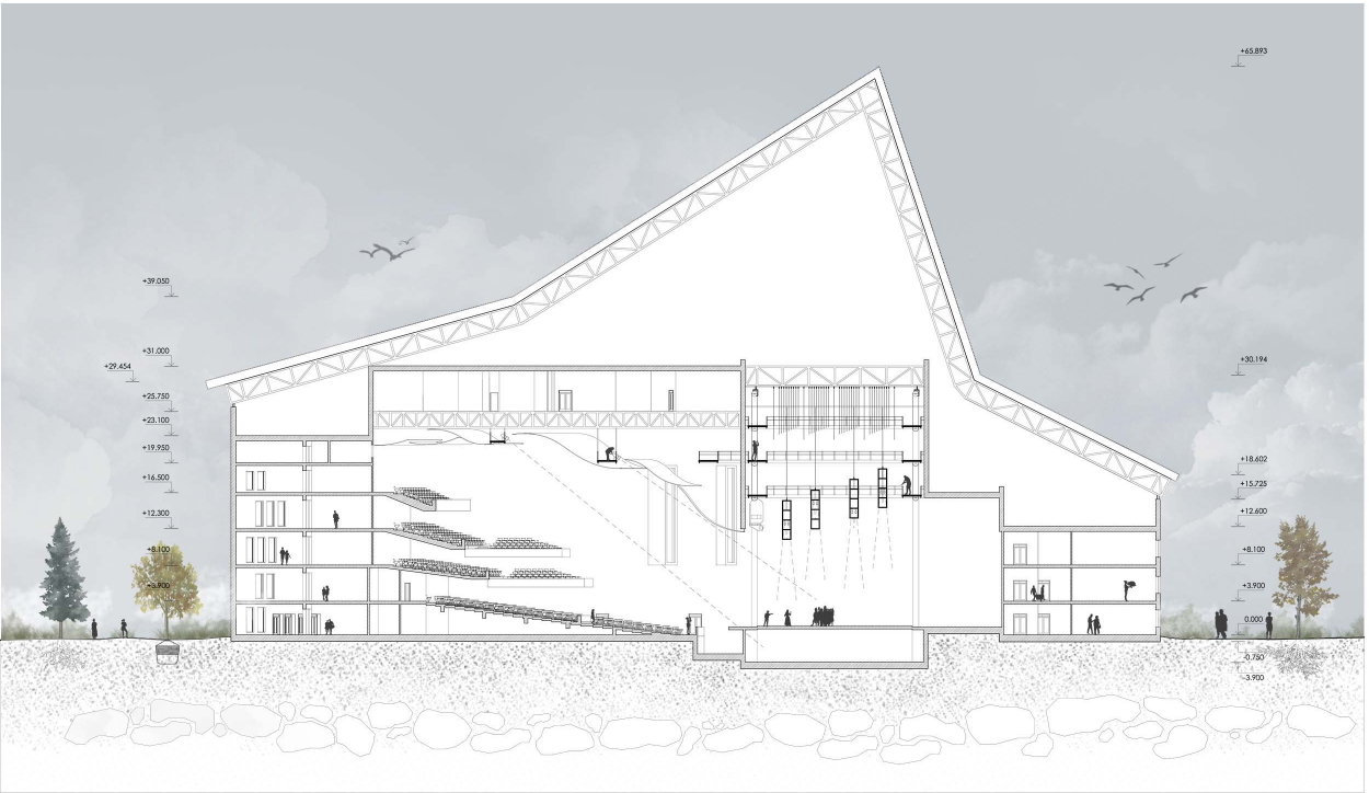 Sectional drawing revealing auditorium layout, structure, and spatial hierarchy
