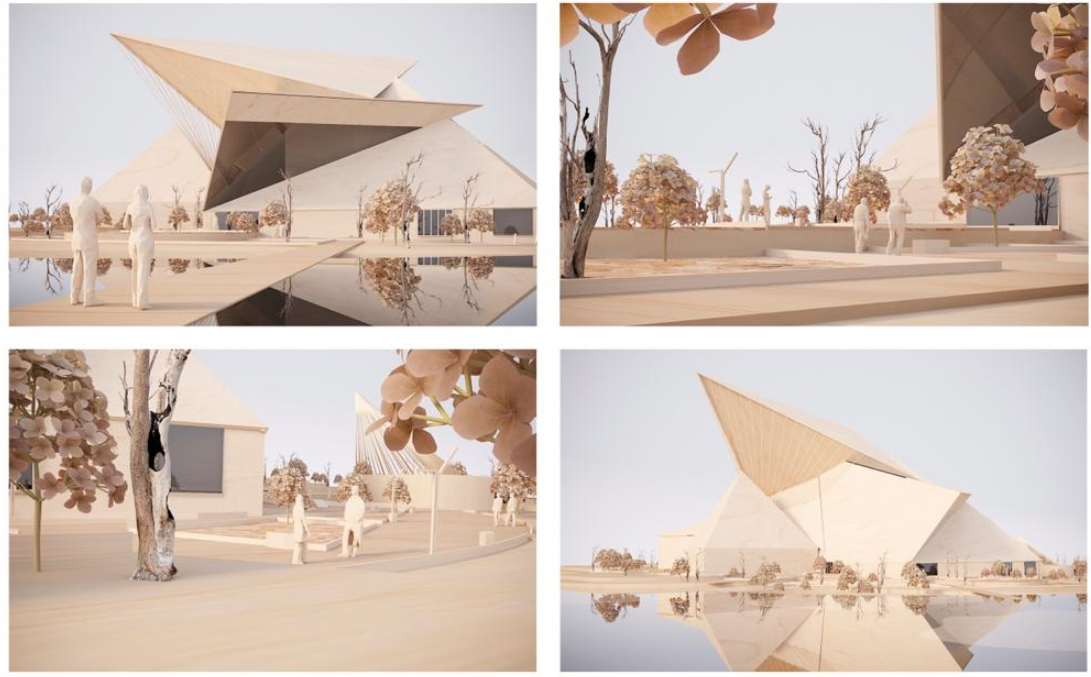 Exterior visualization emphasizing angular geometry and reflective waterfront setting