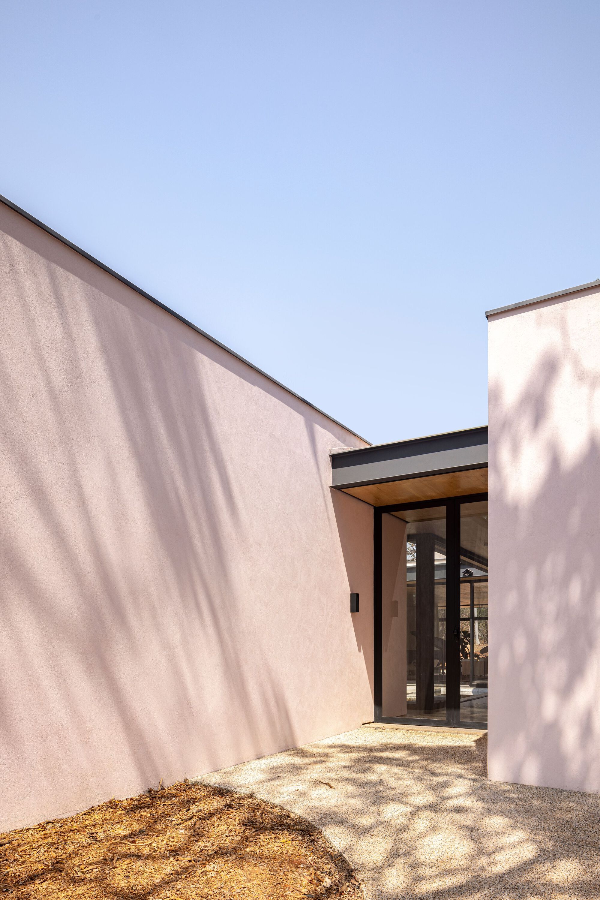 Entry courtyard framed by rendered walls with tree shadows and glazed door beyond
