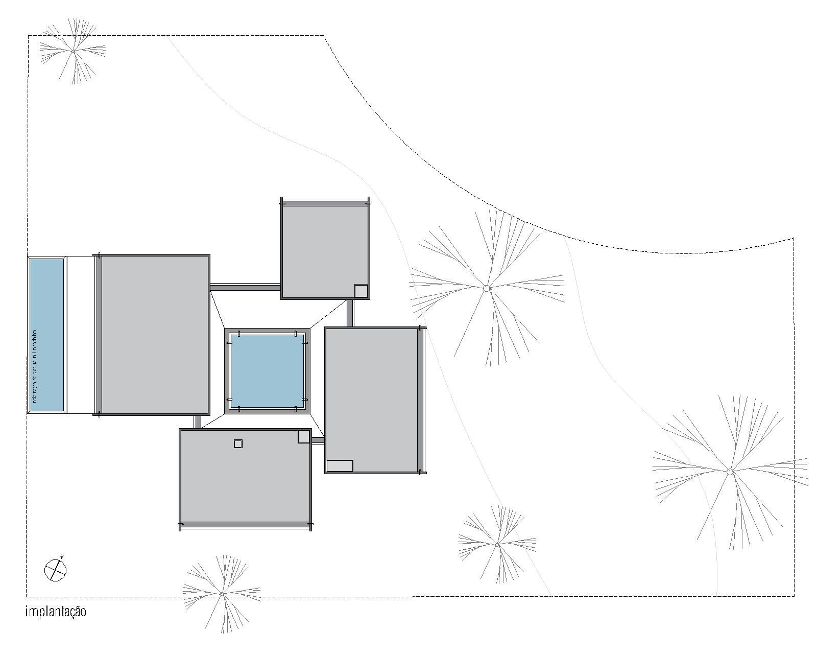 Site plan drawing showing rectangular volumes arranged around a central pool with scattered trees