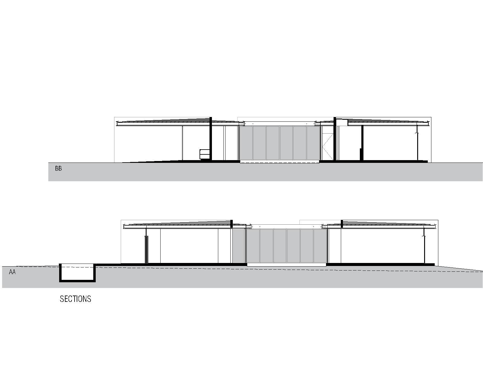 Section drawings showing flat roof profile and central slatted courtyard space between flanking volumes