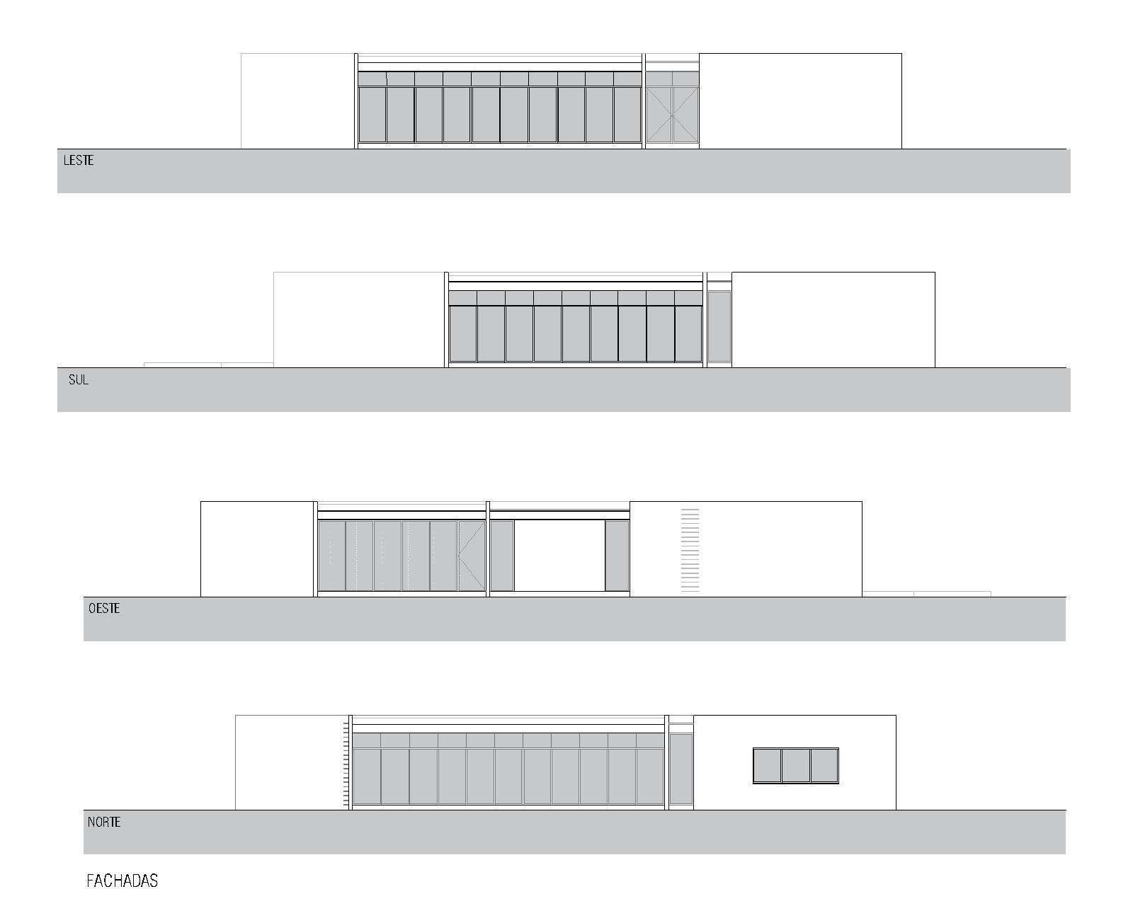 Elevation drawings showing four facades with glazed sections and solid volumes labeled east, south, west and north