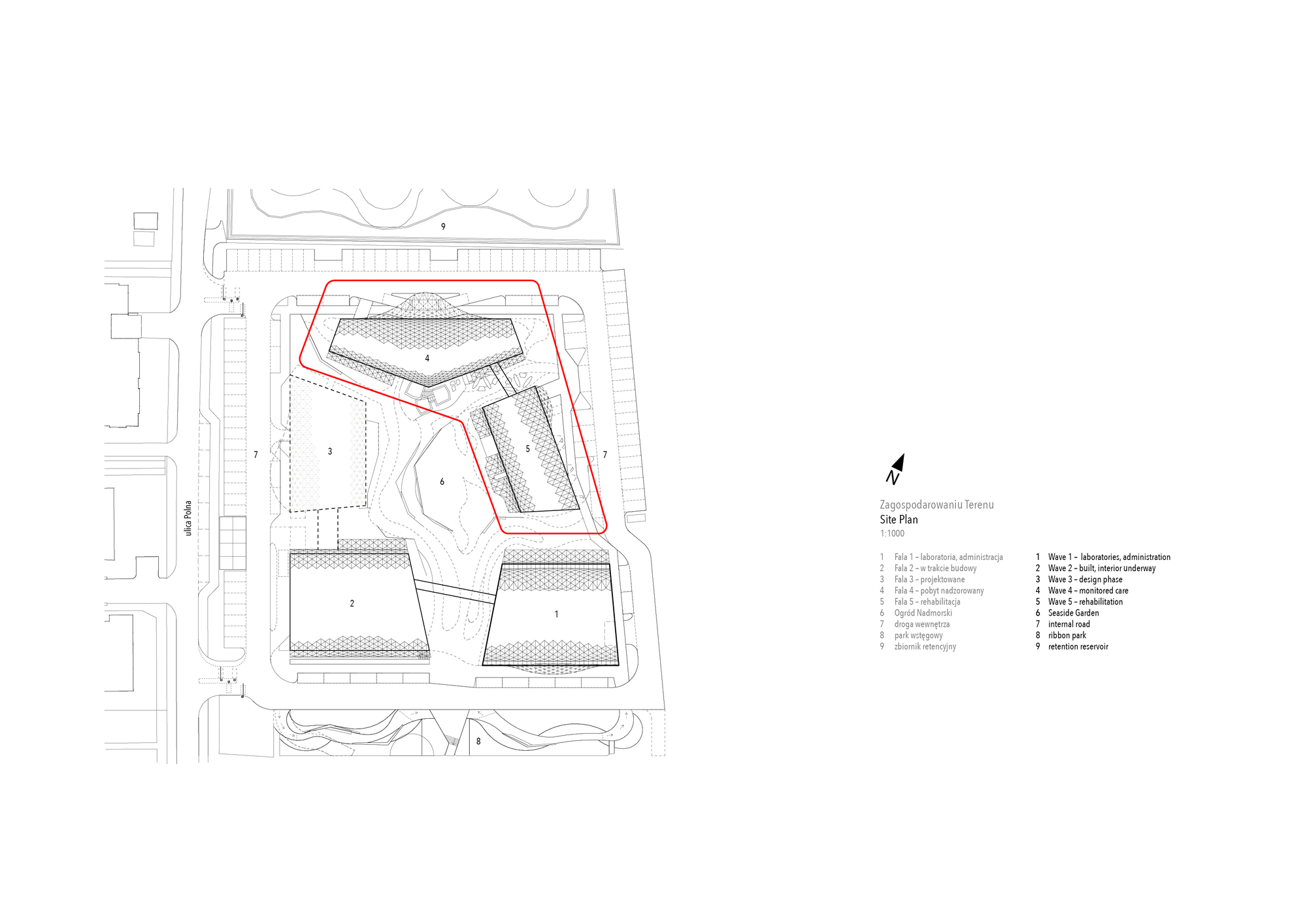 Site plan drawing showing angular building footprint with surrounding planted areas and pathways
