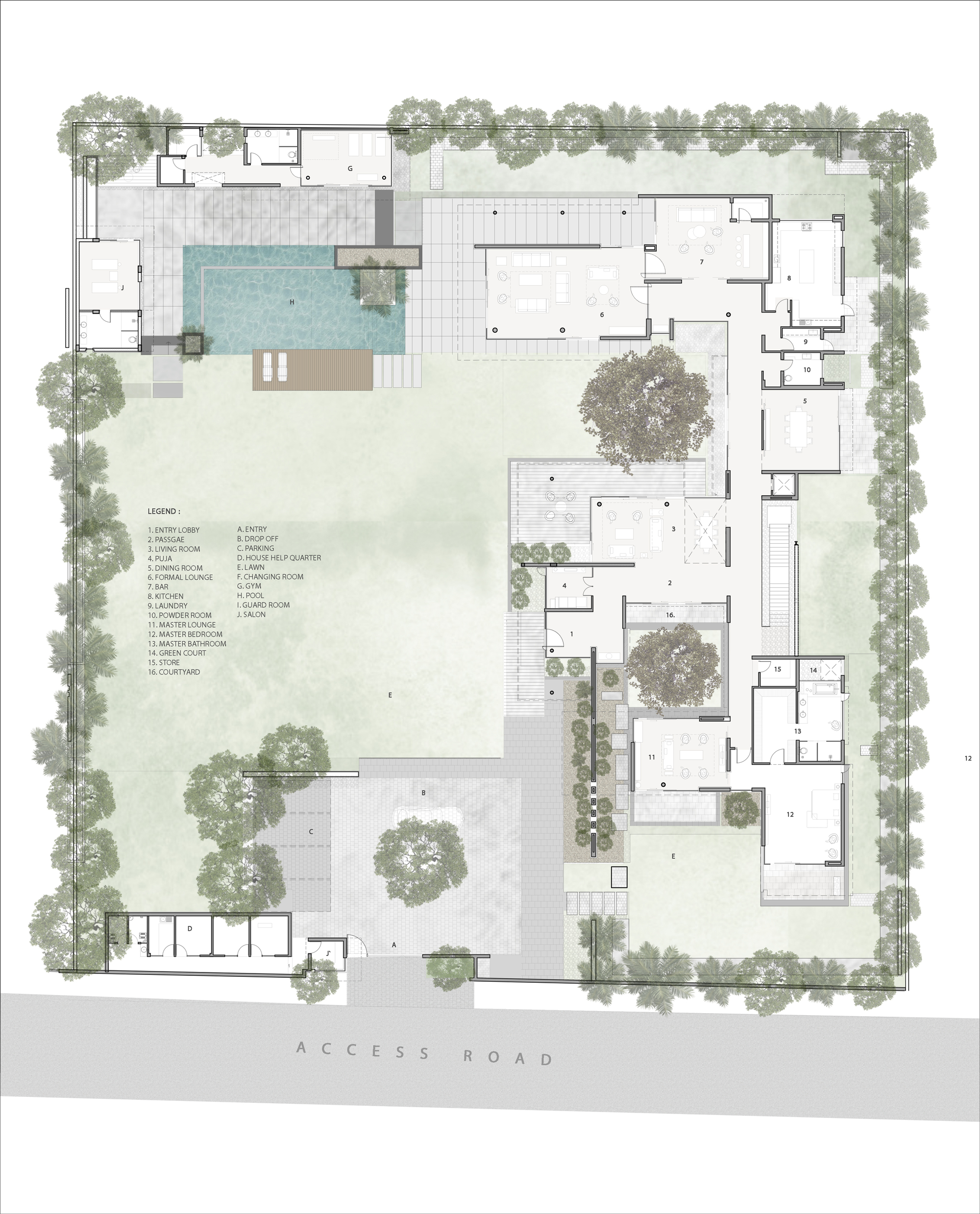 Site plan drawing showing interconnected pavilions with a swimming pool, courtyards, and mature trees throughout the landscape