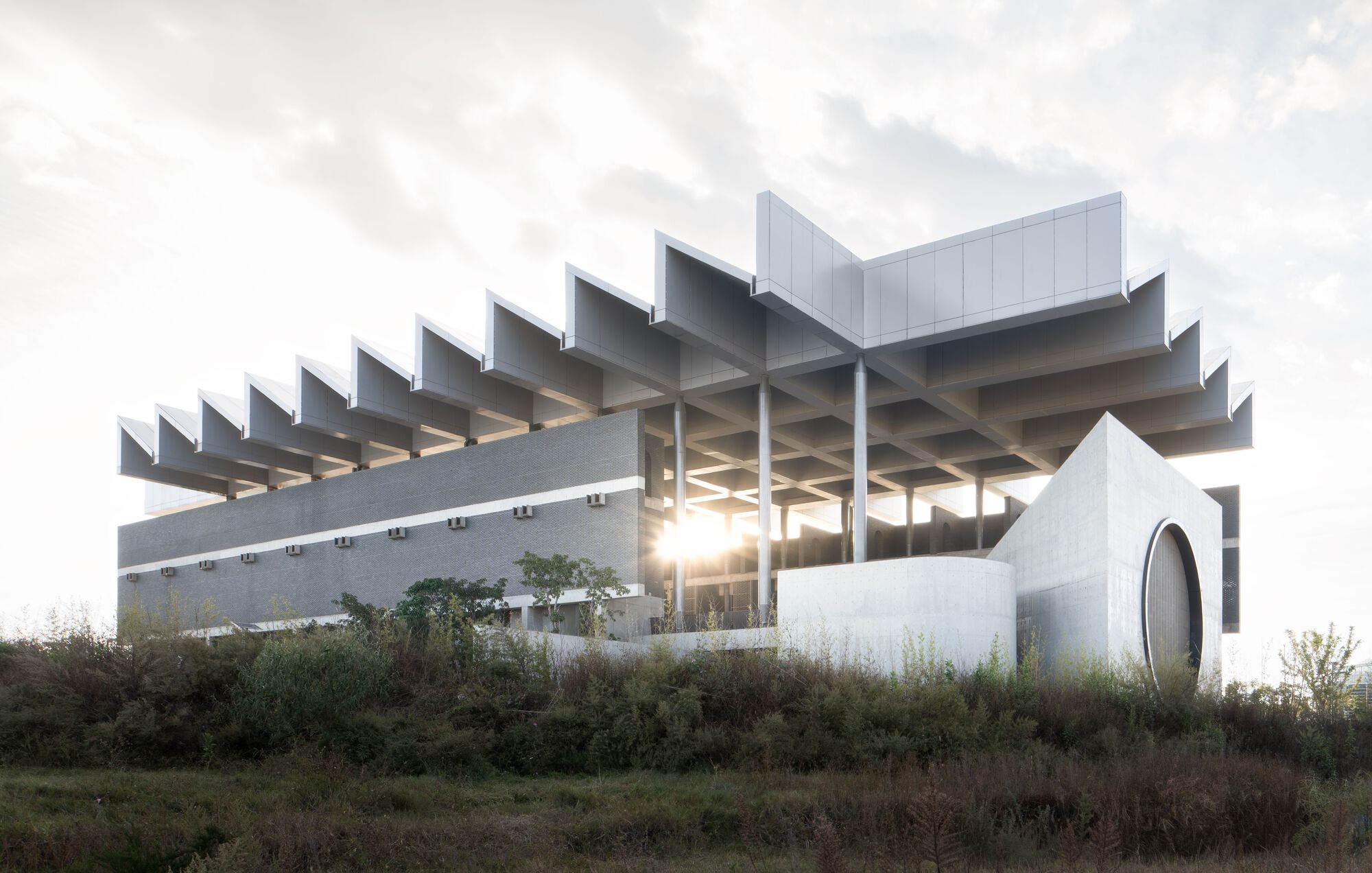 Sawtooth concrete roof structure with exposed columns backlit by sunset glow through vegetation