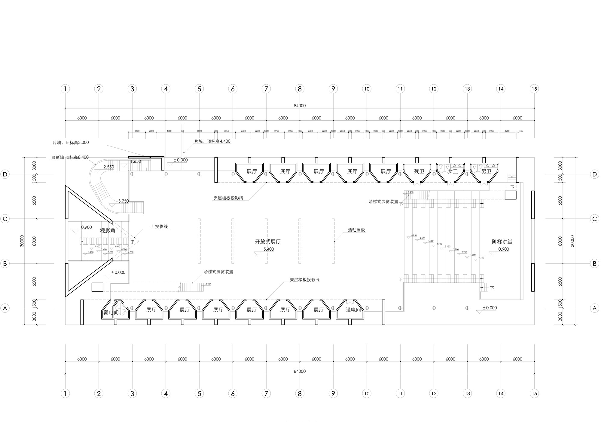 Floor plan drawing showing central hall with rows of shell-shaped roof vaults and side stairs